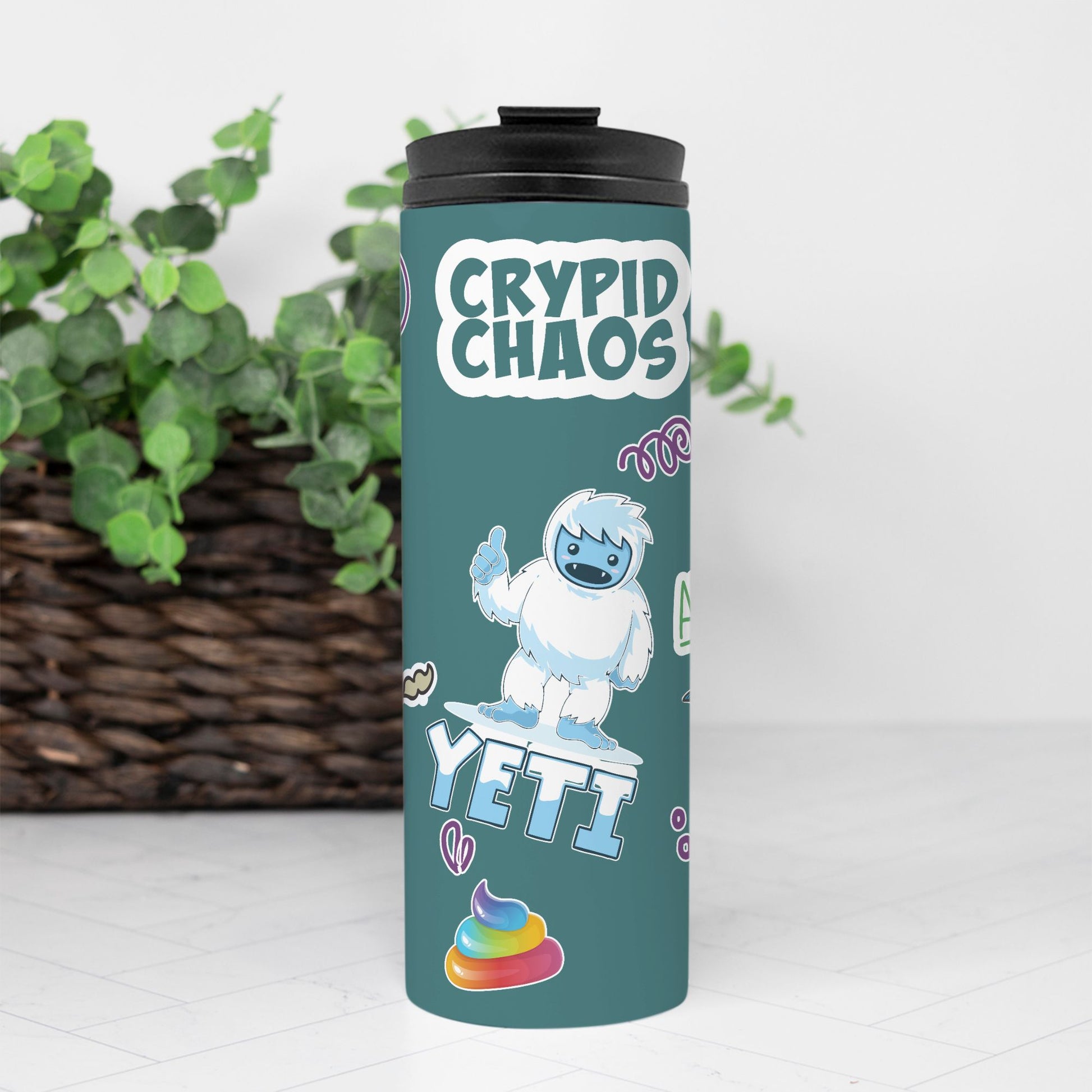 Travel mug with 'Cryptid Chaos' and 'Yeti' design on a teal background