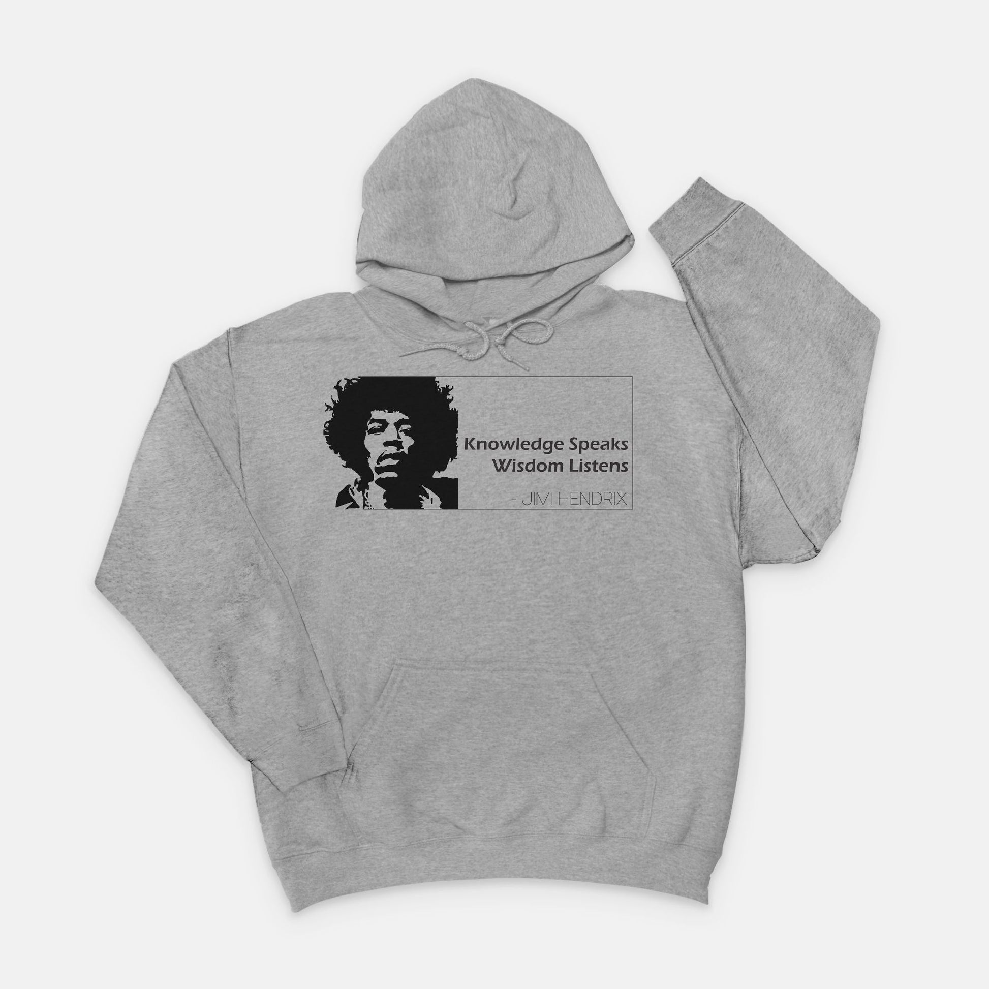 Gray hoodie with a graphic of a person and text on a white background
