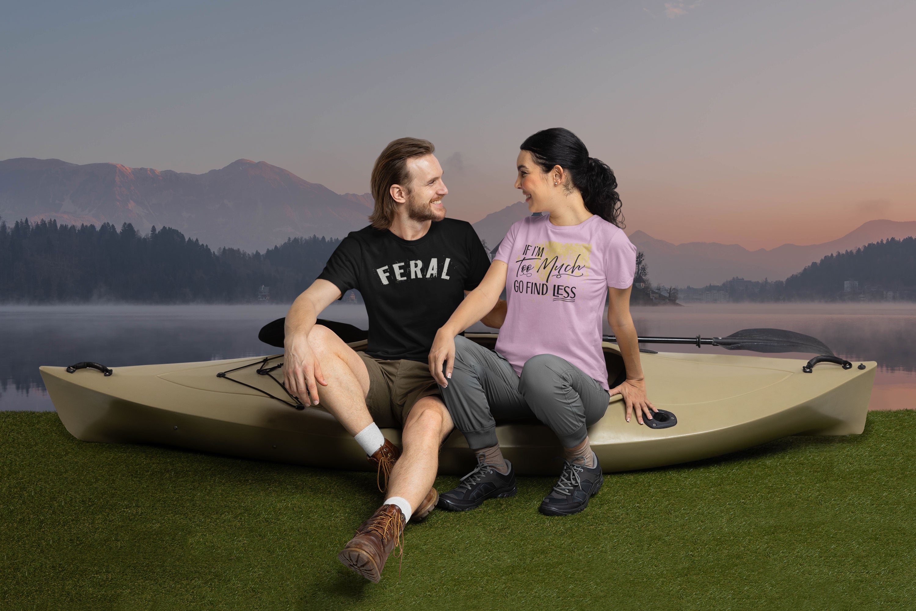 Red-Rock-Chaos-Multi-bella-canvas-t-shirt-mockup-posing-on-a-kayak-Feral-Find-Better