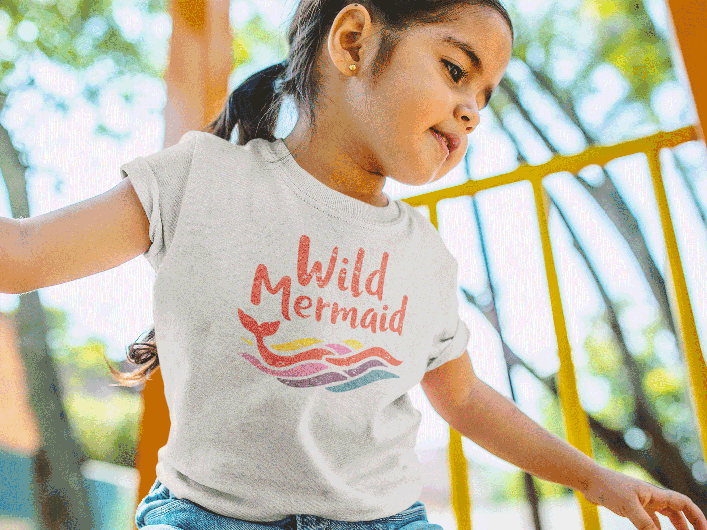 Red-Rock-Chaos-bella-canvas-t-shirt-mockup-of-a-little-girl-Wild-Mermaid-Shirt-Cream