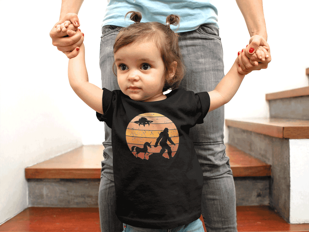 Red-Rock-Chaos-bigfoot-sunset-toddler-tee-ufo-unicorn-cryptid-adventure-shirt-Black
