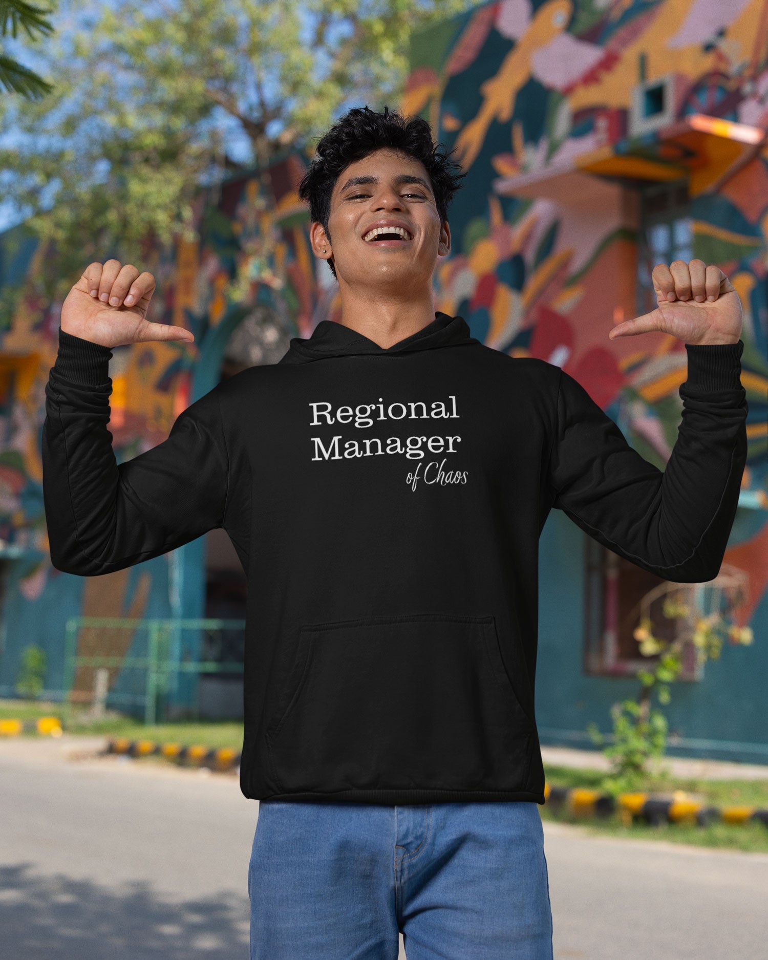 Red-Rock-Chaos-gildan-pullover-hoodie-Model-Regional-Manager-of-Chaos-WhiteText-Black