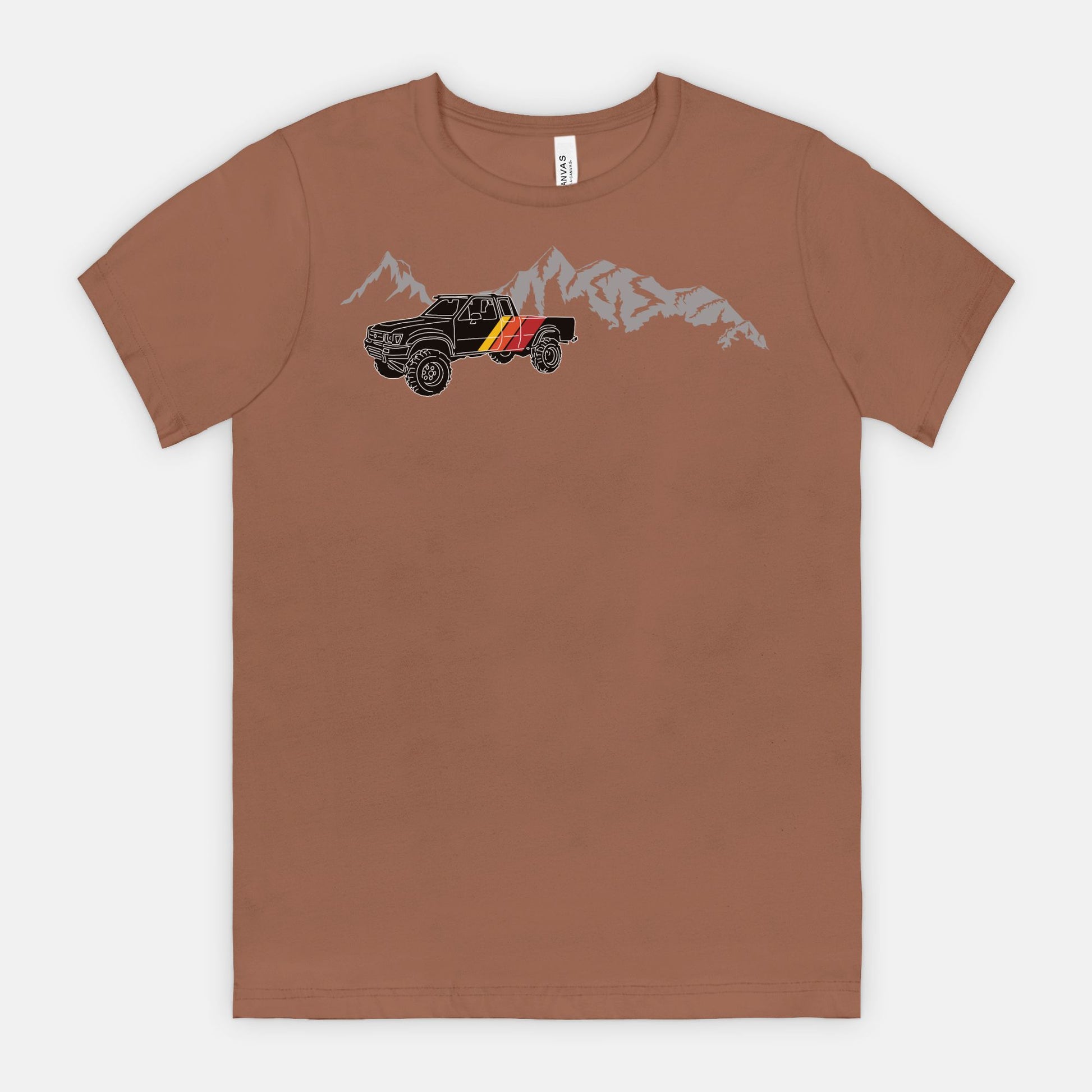 Red-Rock-Chaos-retro-toyota-truck-with-mountains-tee-Chestnut