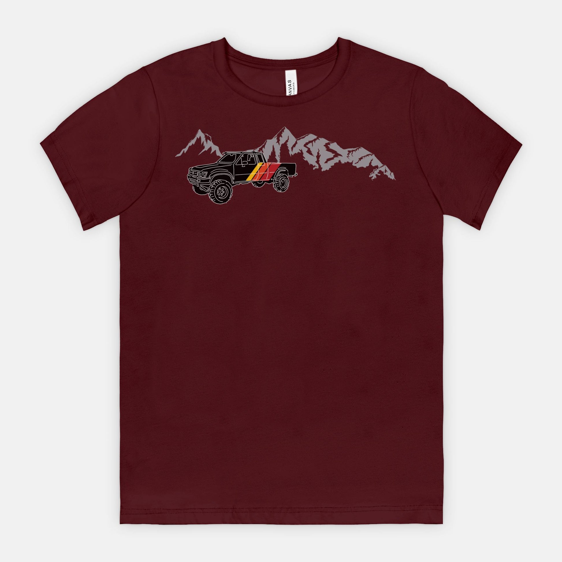 Red-Rock-Chaos-retro-toyota-truck-with-mountains-tee-Maroon