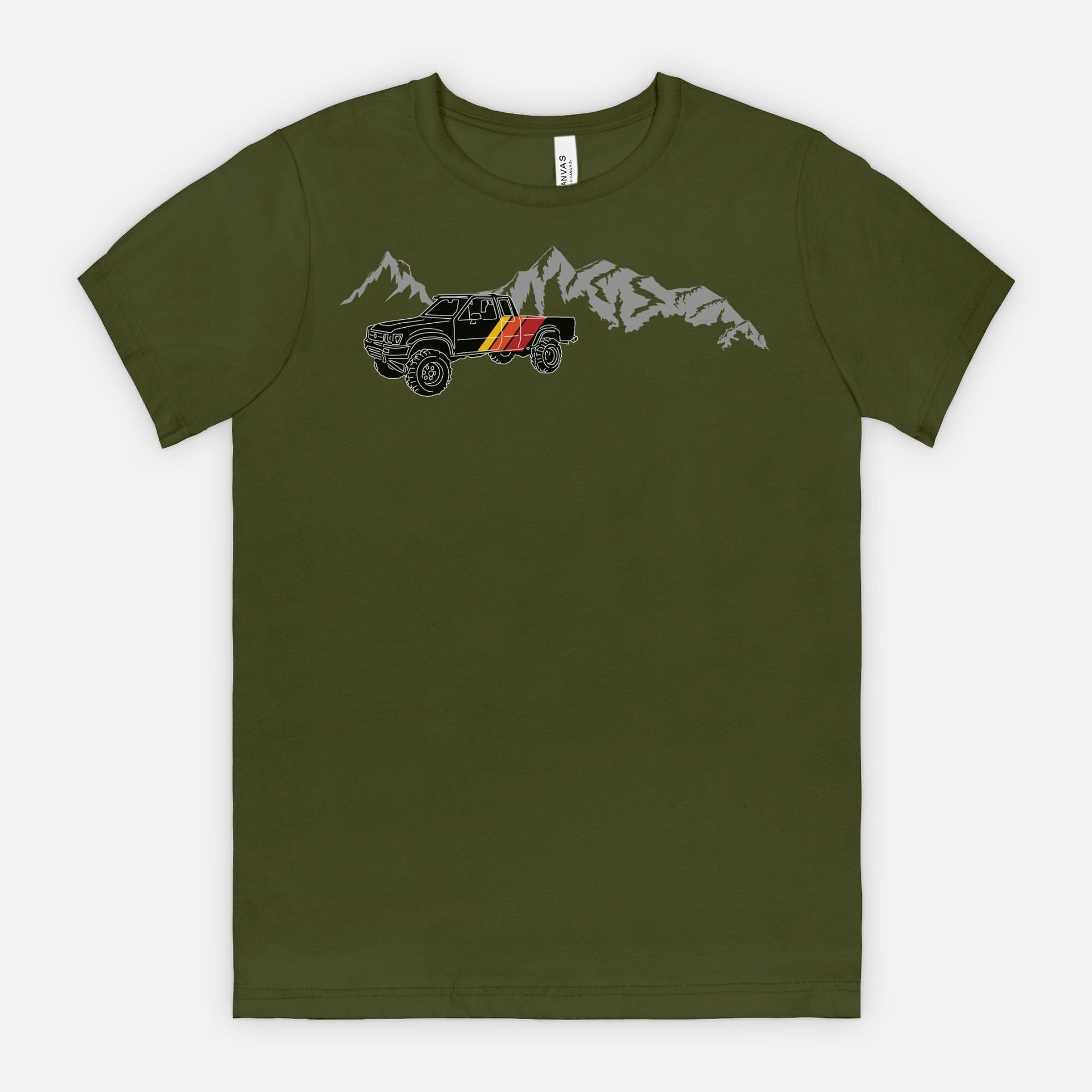 Red-Rock-Chaos-retro-toyota-truck-with-mountains-tee-Olive