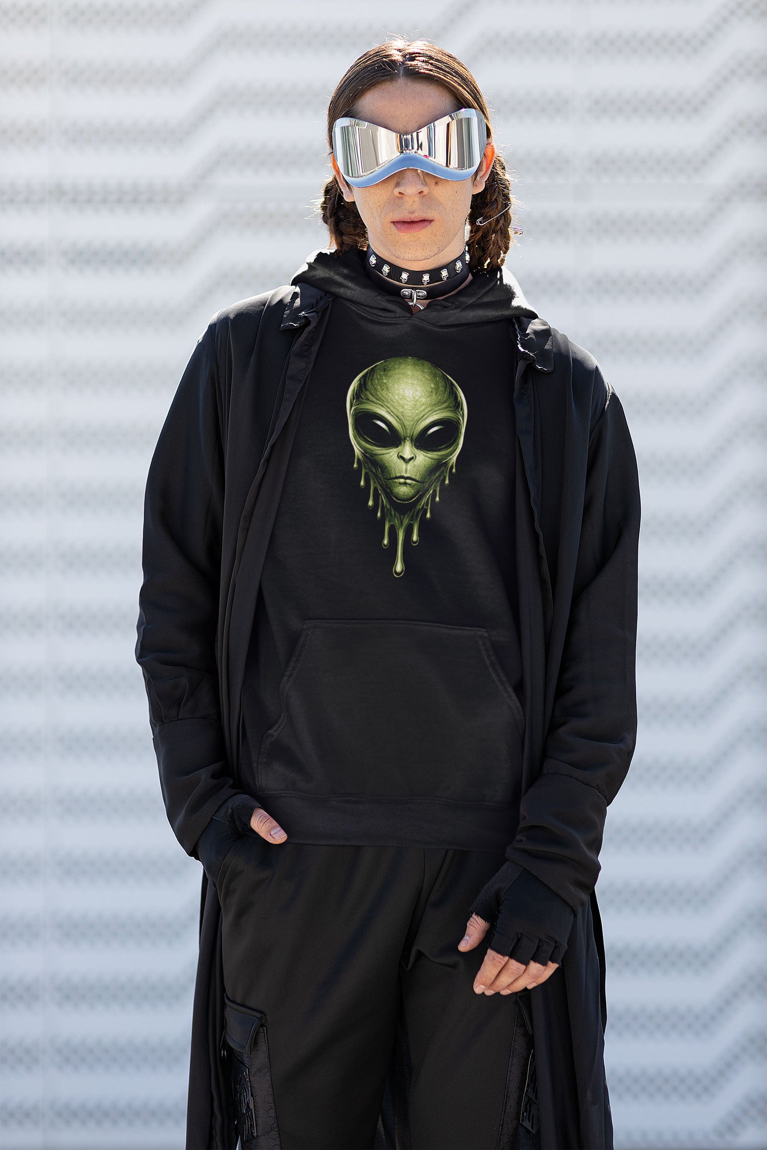 Red-Rock-chaos-gildan-hoodie-Drippy-alien-model