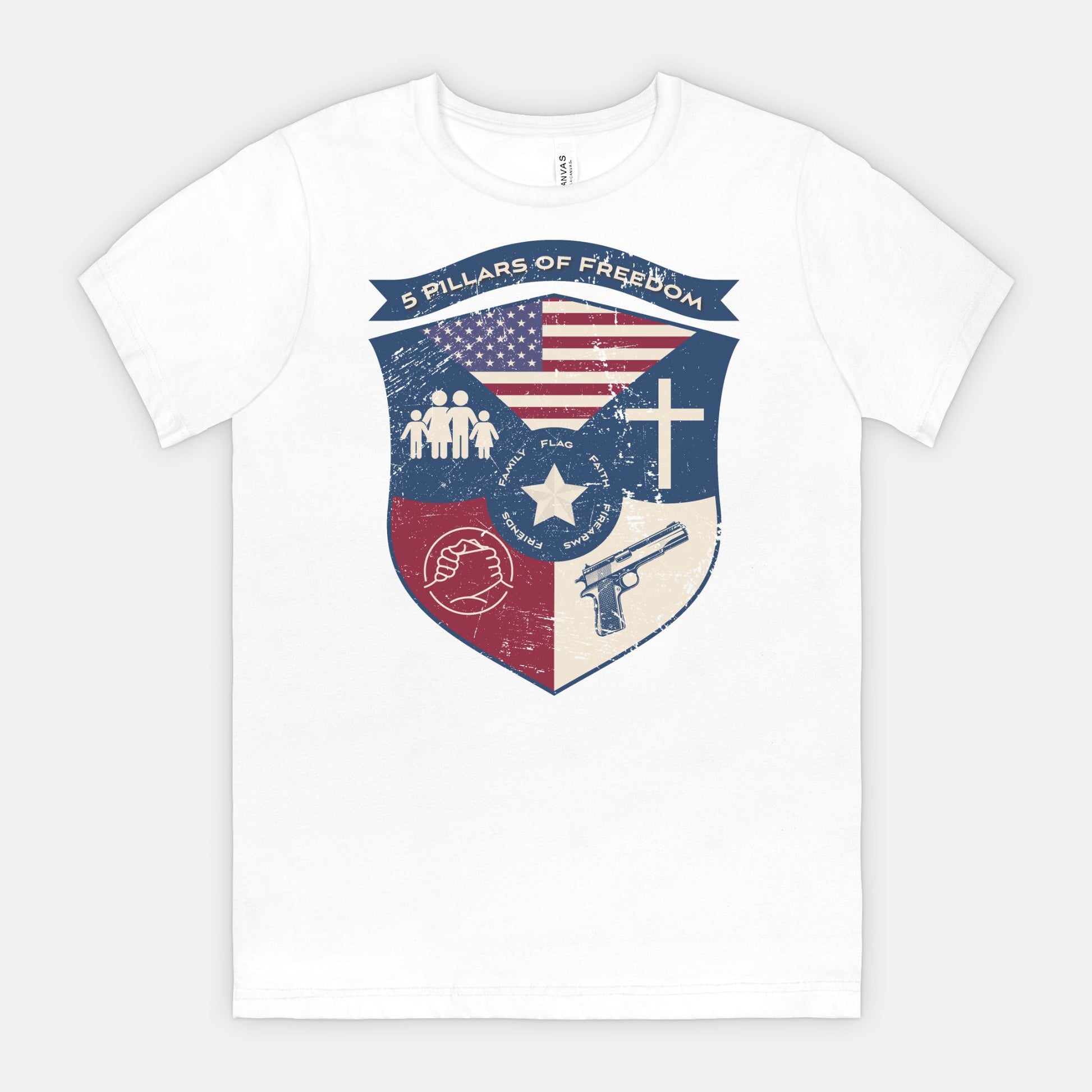 5 Pillars of Freedom Shield Tee – Family, Faith, Flag & Firearms