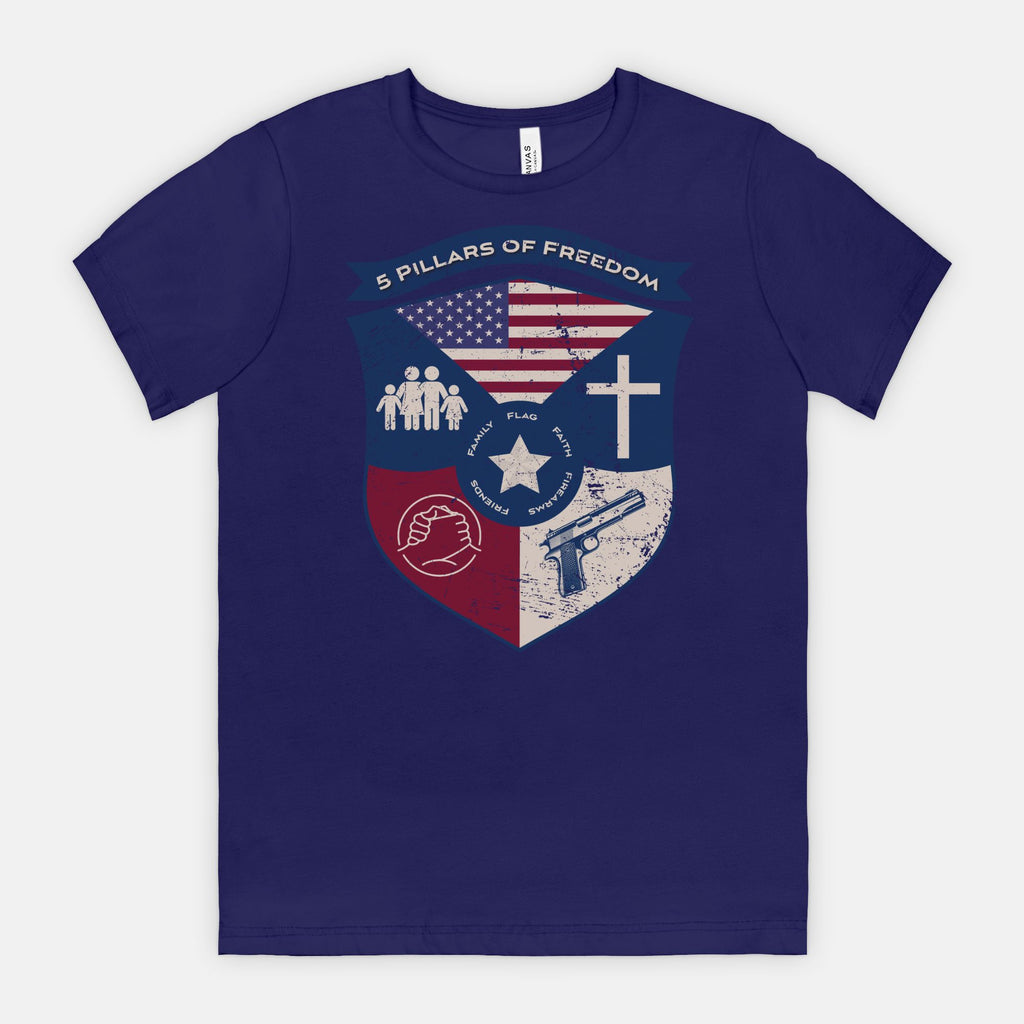 5 Pillars of Freedom Shield Tee – Family, Faith, Flag & Firearms