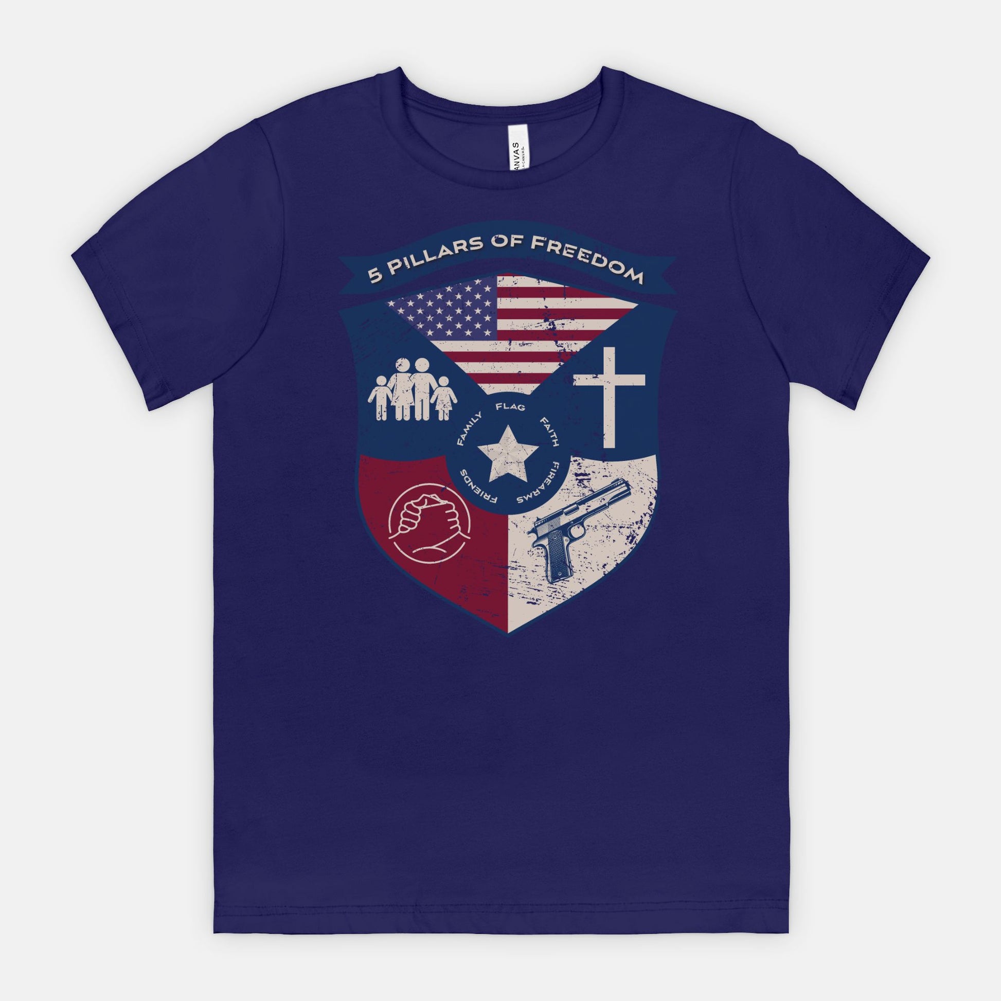 5 Pillars of Freedom Shield Tee – Family, Faith, Flag & Firearms