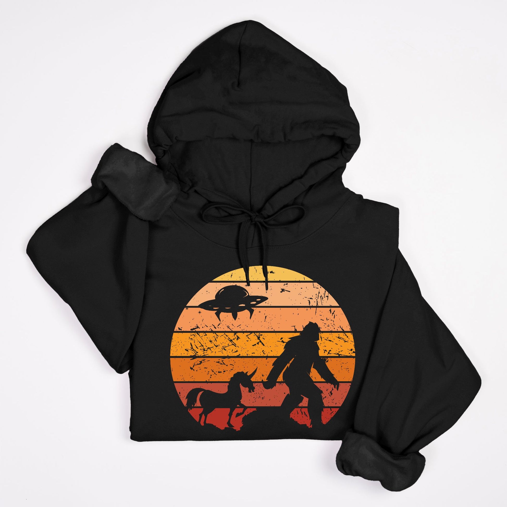 Bigfoot Sunset Adventure Hoodie – UFO & Unicorn Retro Cryptid Design