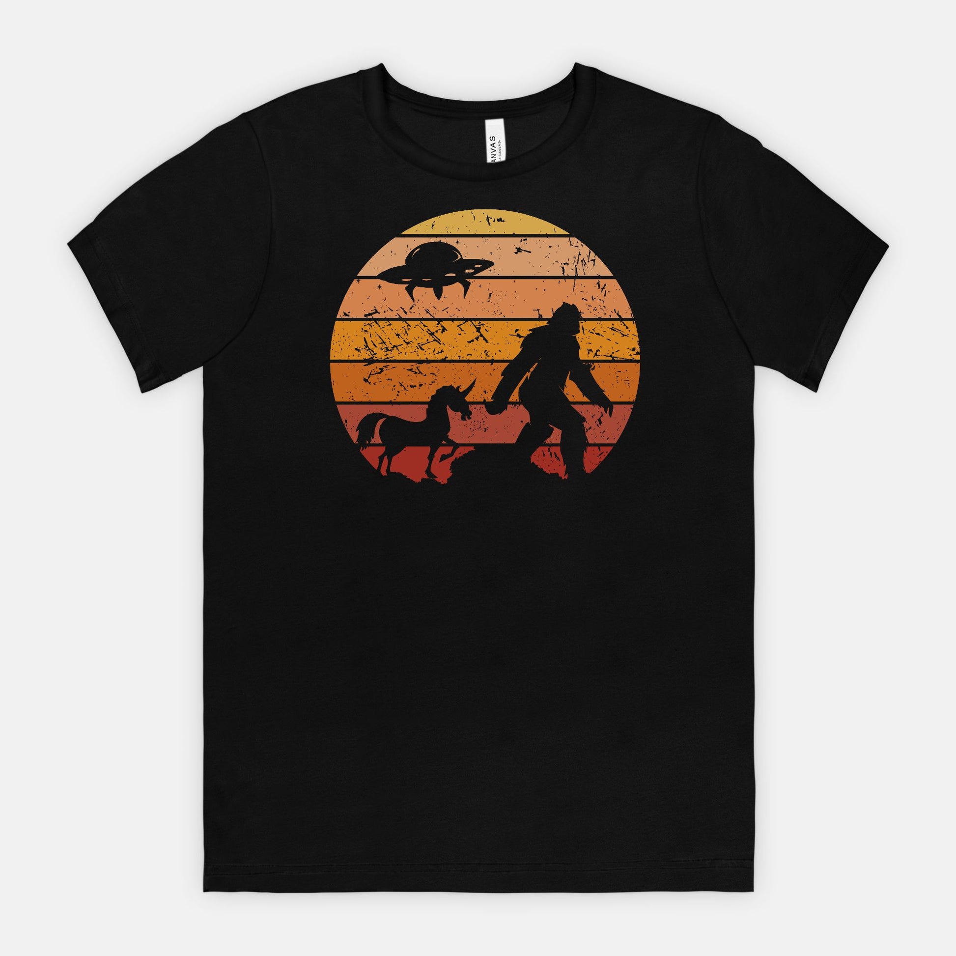 Bigfoot Sunset Adventure Tee – UFO & Unicorn Retro Cryptid Shirt