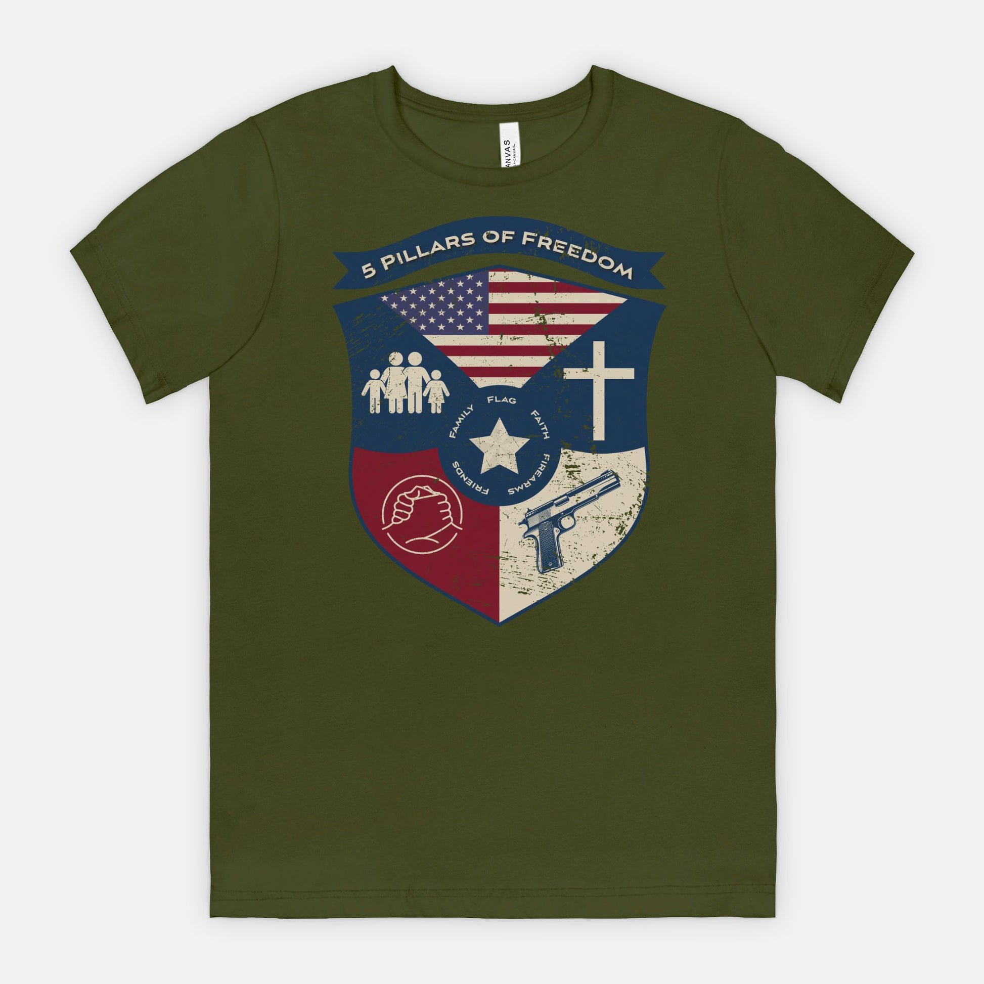 5 Pillars of Freedom Shield Tee – Family, Faith, Flag & Firearms