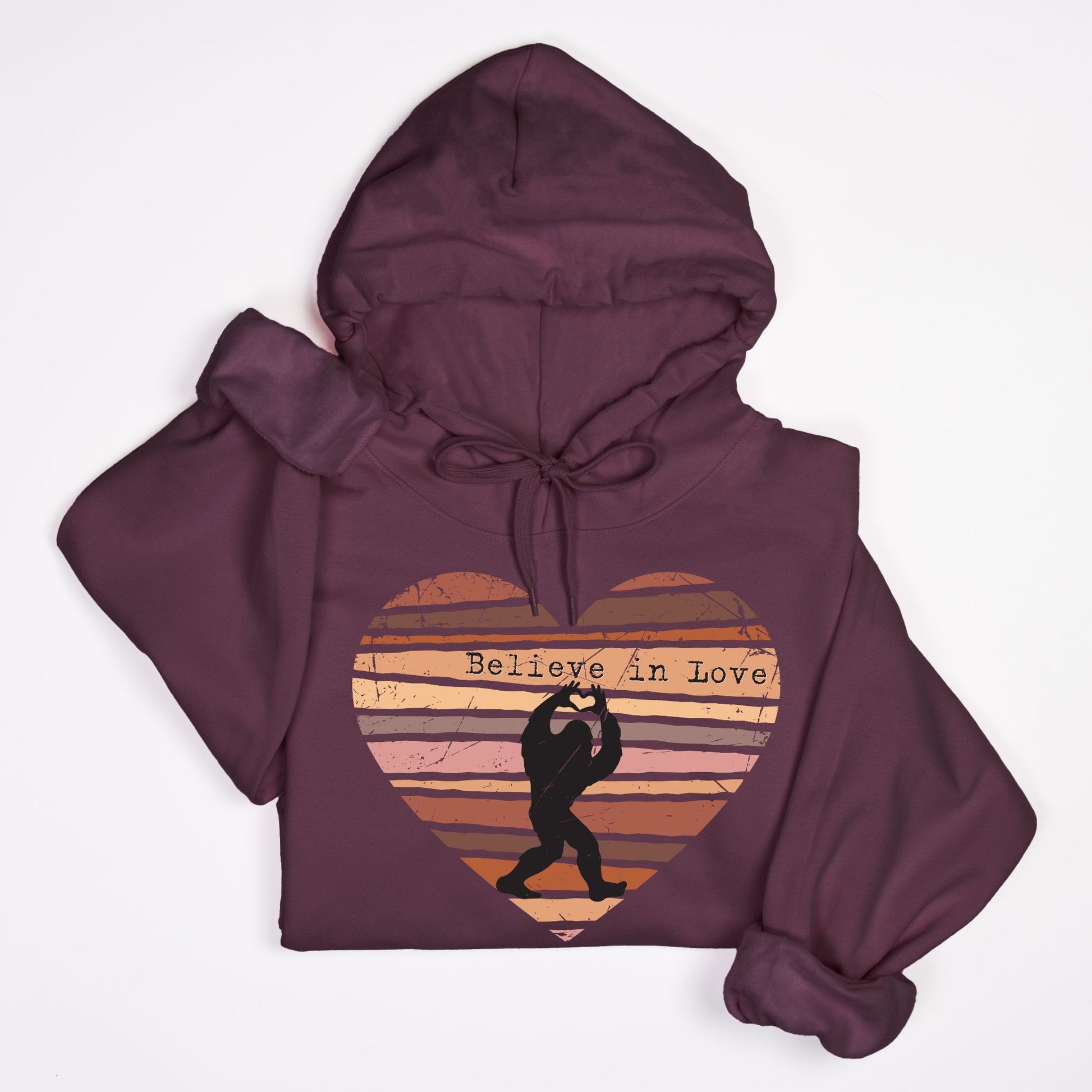 Believe in Love Bigfoot Hoodie – Retro Distressed Heart Cryptid Design