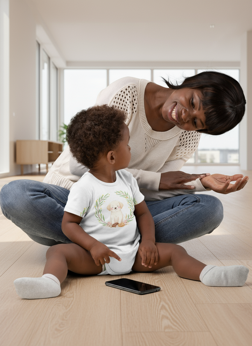 Woman and child sitting on the floor in the living room with a phone and toy wearing a Little Chaos Crew puppy sitting with eyes closed surrounded by cookies and crumbs inside green leafy wreath, minimalist white baby onesie design.