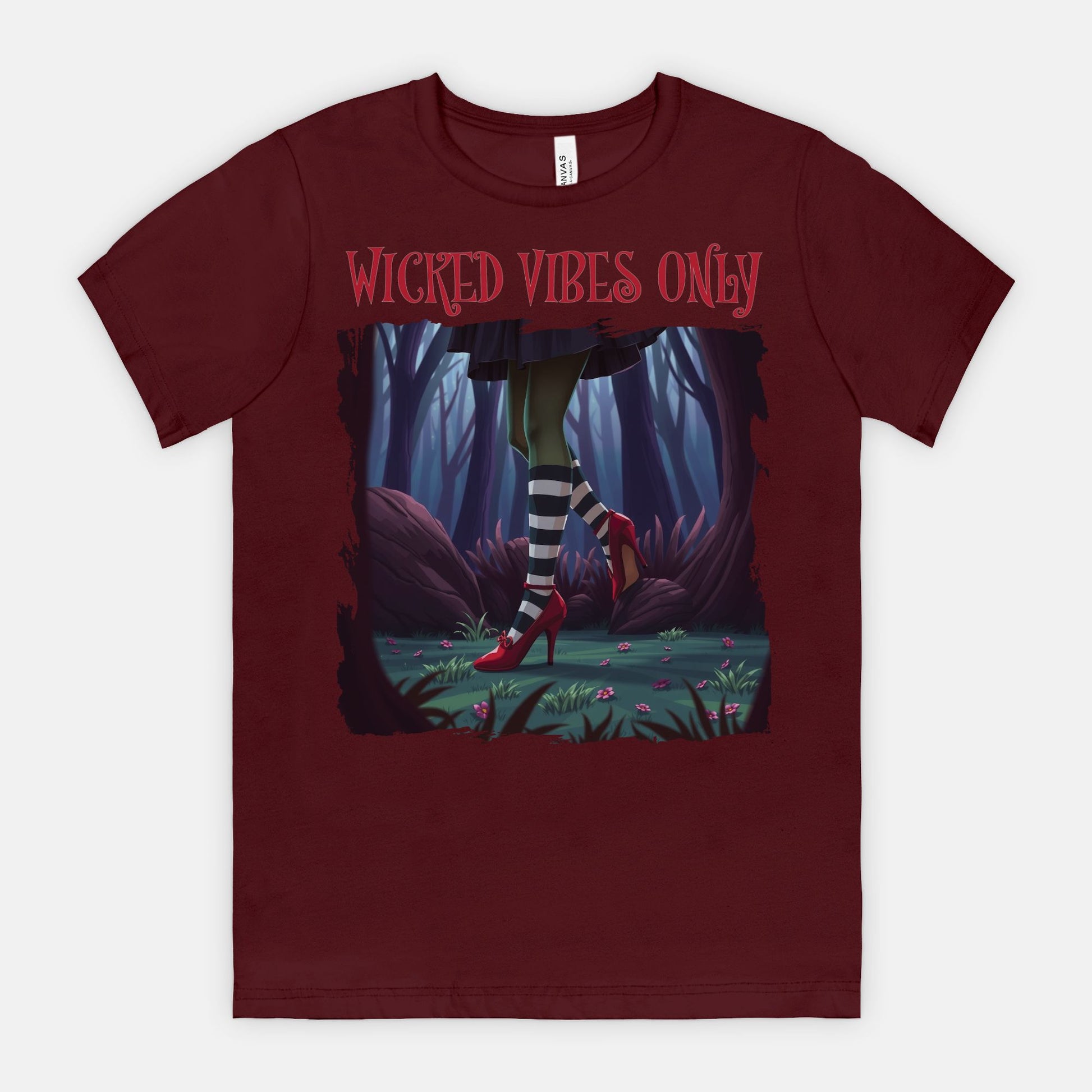 Wicked Vibes Only Witch Shirt – Striped Stockings & Ruby Heels Halloween Tee