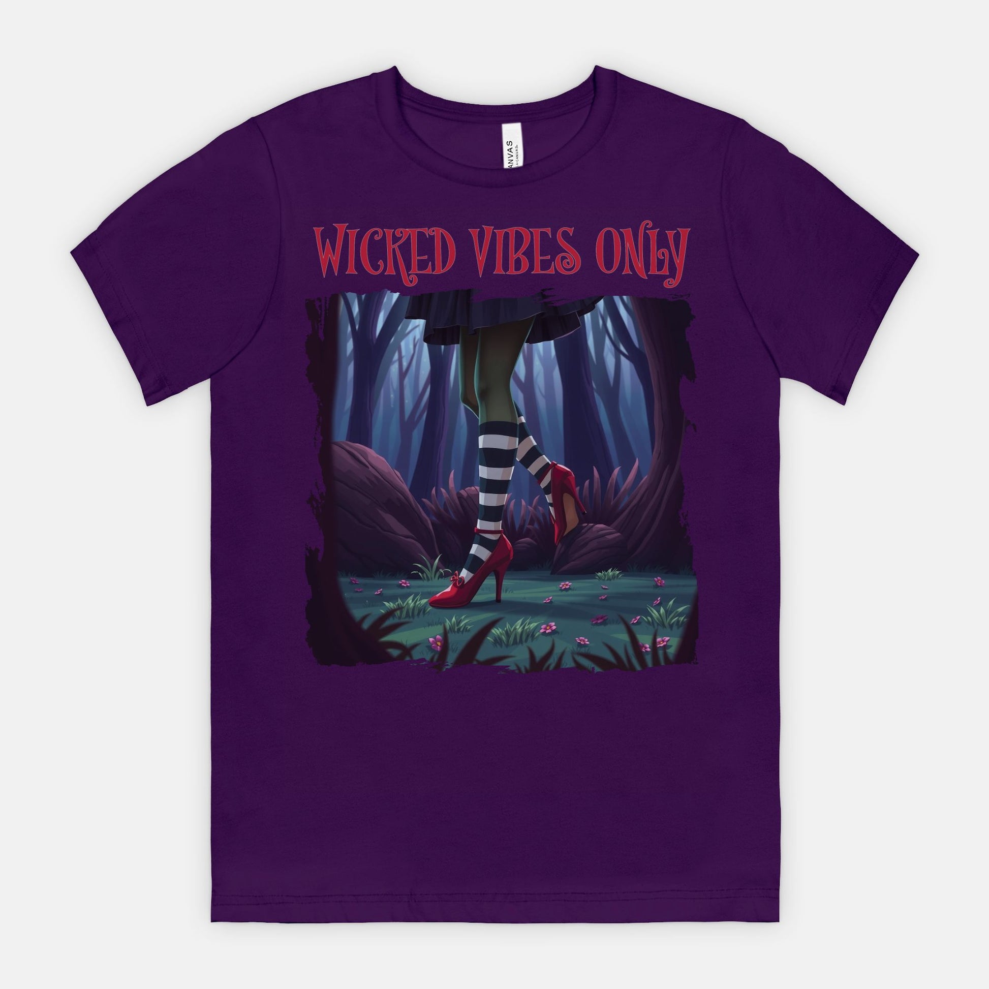 Wicked Vibes Only Witch Shirt – Striped Stockings & Ruby Heels Halloween Tee