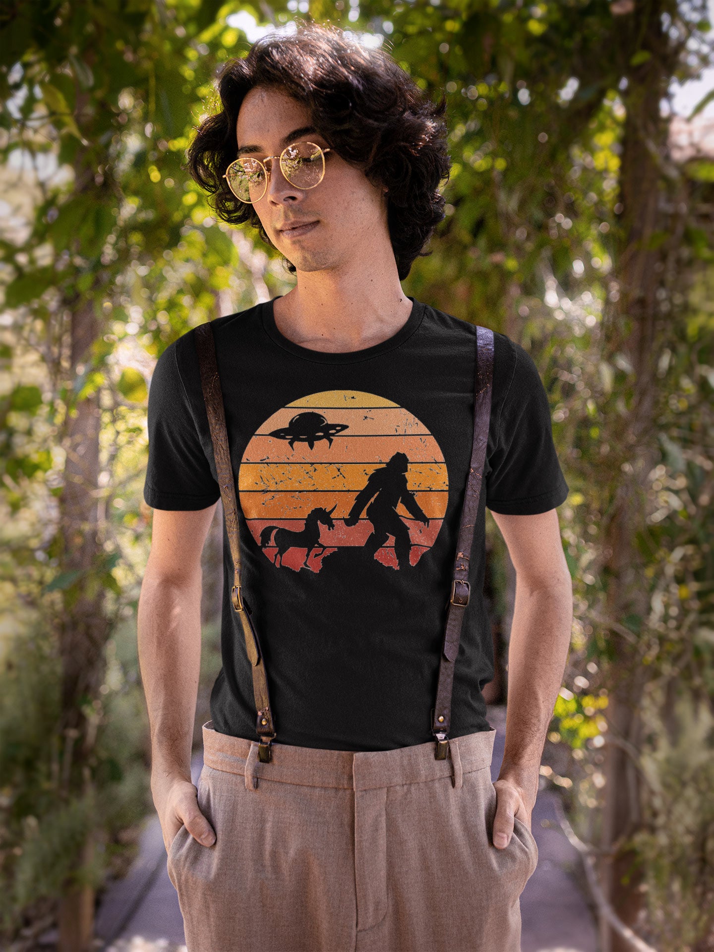 Bigfoot Sunset Adventure Tee – UFO & Unicorn Retro Cryptid Shirt
