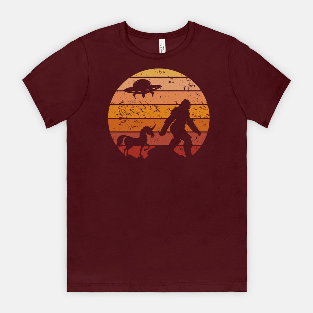 Bigfoot Sunset Adventure Tee – UFO & Unicorn Retro Cryptid Shirt