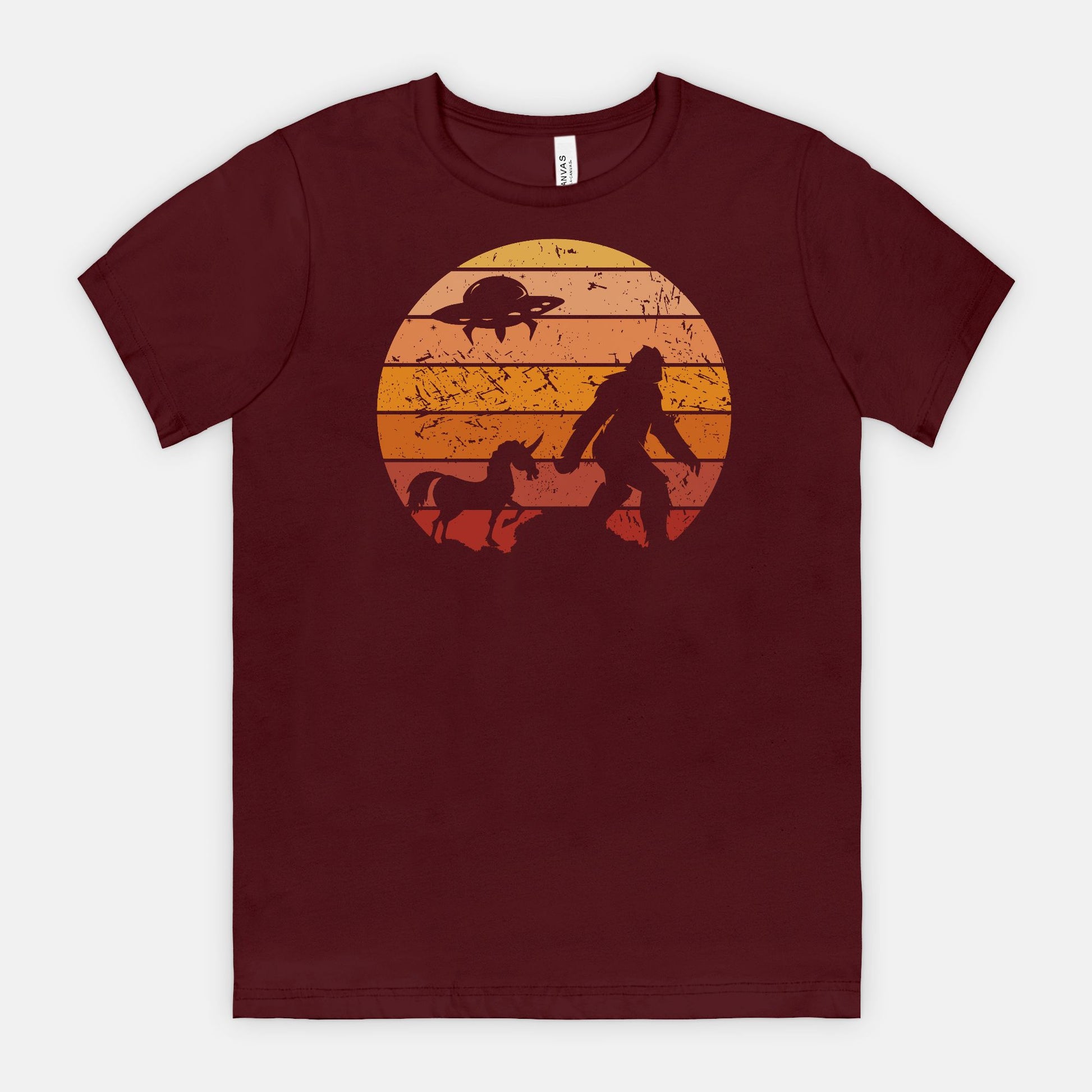 Bigfoot Sunset Adventure Tee – UFO & Unicorn Retro Cryptid Shirt