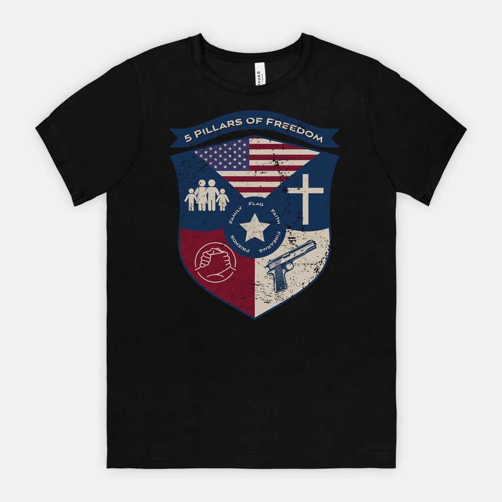 5 Pillars of Freedom Shield Tee – Family, Faith, Flag & Firearms