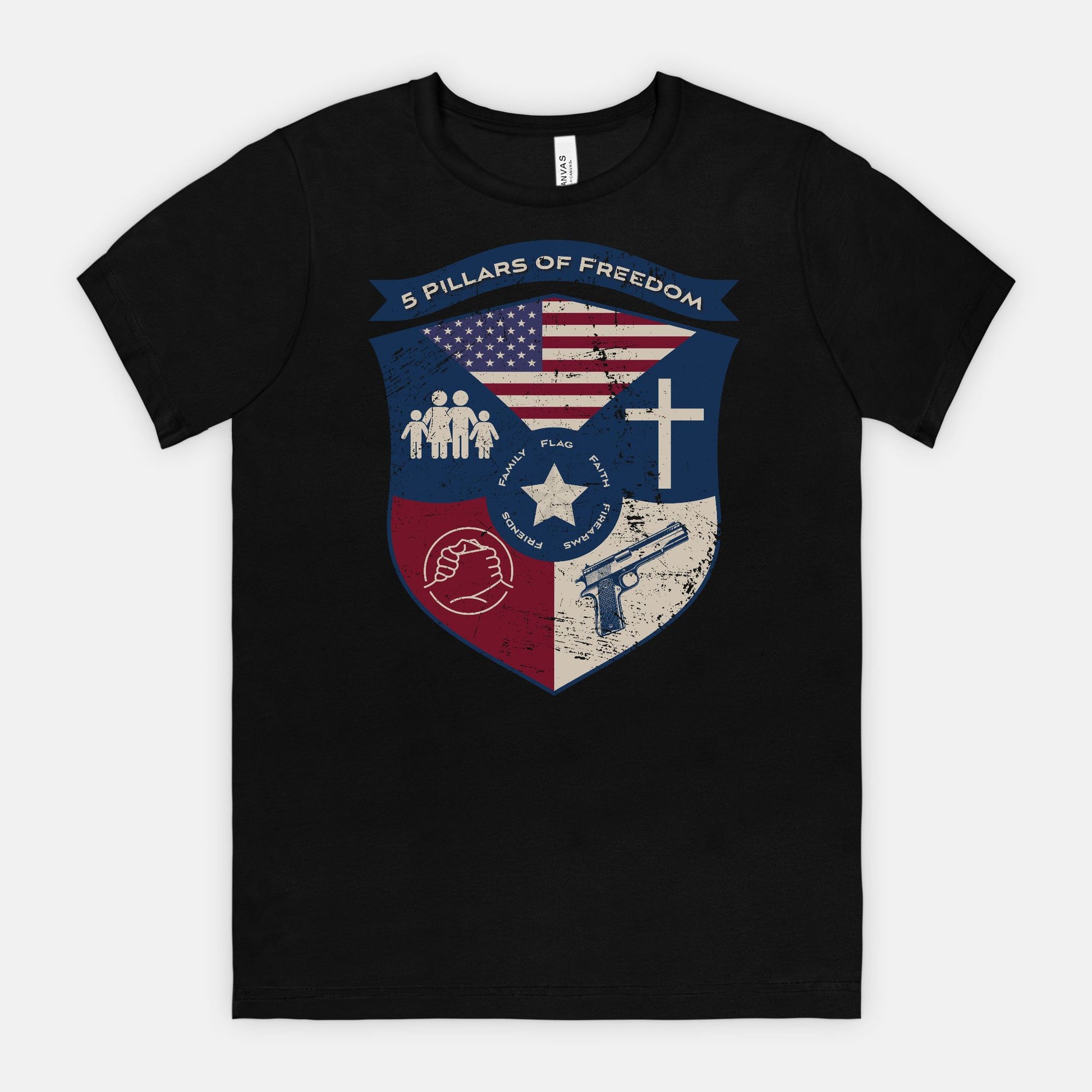 5 Pillars of Freedom Shield Tee – Family, Faith, Flag & Firearms