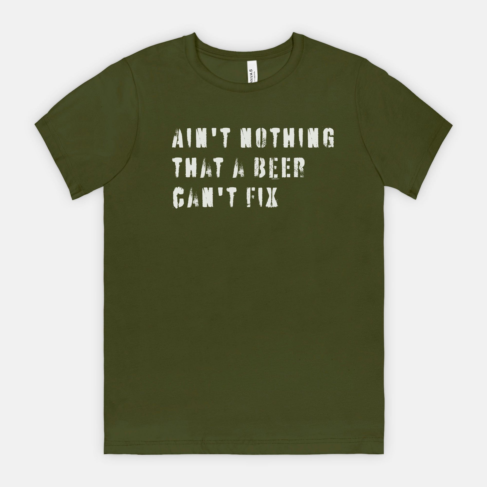 d8141997d81b2aa7c60489red-rock-chaos-aint-nothing-that-a-beer-cant-fix-tee-white-text-bella-canvas-3001-olive