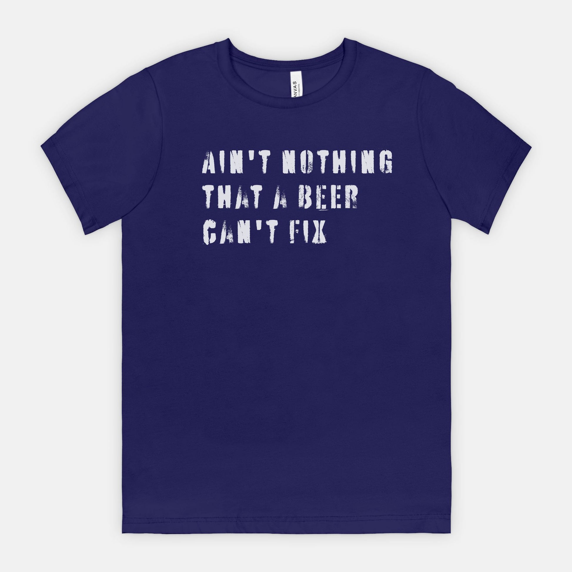 d8141997d81b2aa7c60489red-rock-chaos-aint-nothing-that-a-beer-cant-fix-tee-white-text-bella-canvas-3001-team-Navy