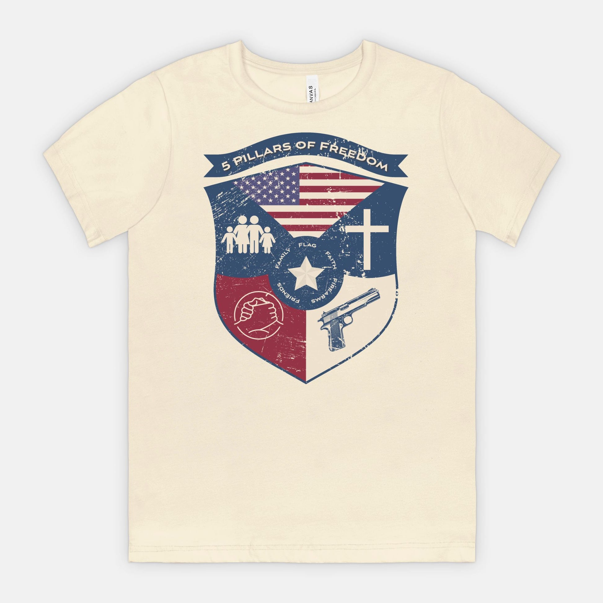 5 Pillars of Freedom Shield Tee – Family, Faith, Flag & Firearms