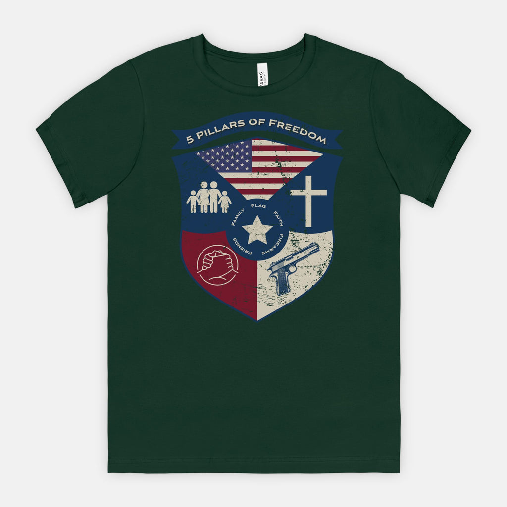 5 Pillars of Freedom Shield Tee – Family, Faith, Flag & Firearms