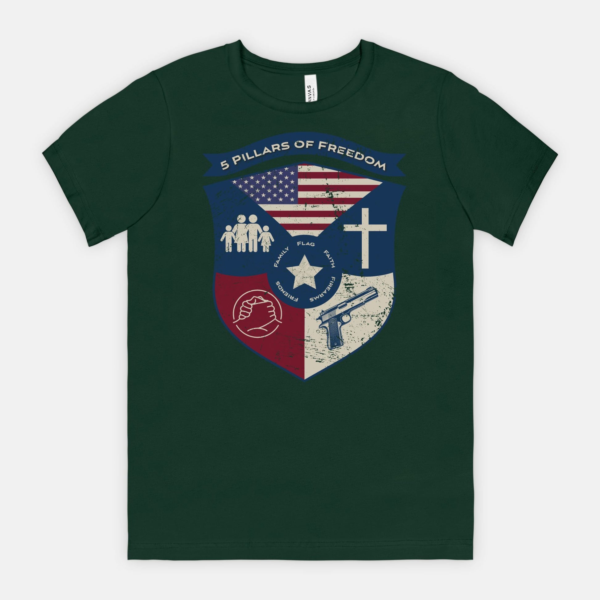 5 Pillars of Freedom Shield Tee – Family, Faith, Flag & Firearms