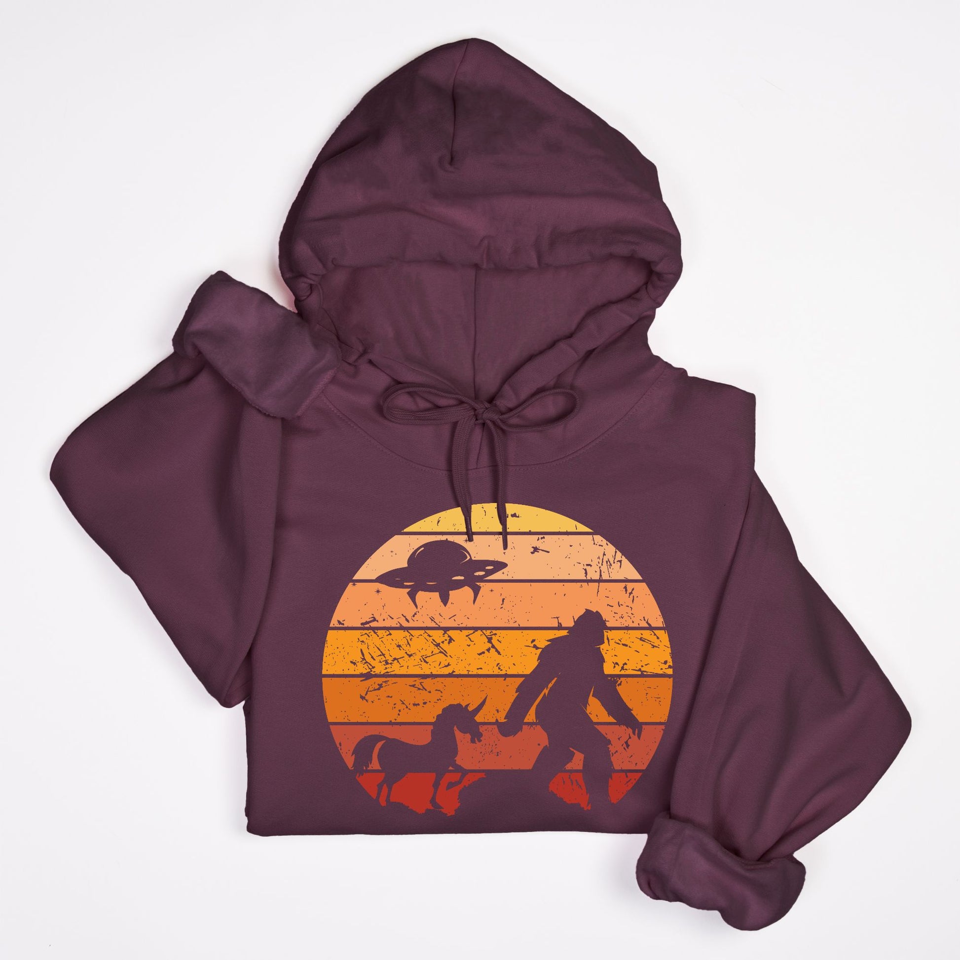 Bigfoot Sunset Adventure Hoodie – UFO & Unicorn Retro Cryptid Design