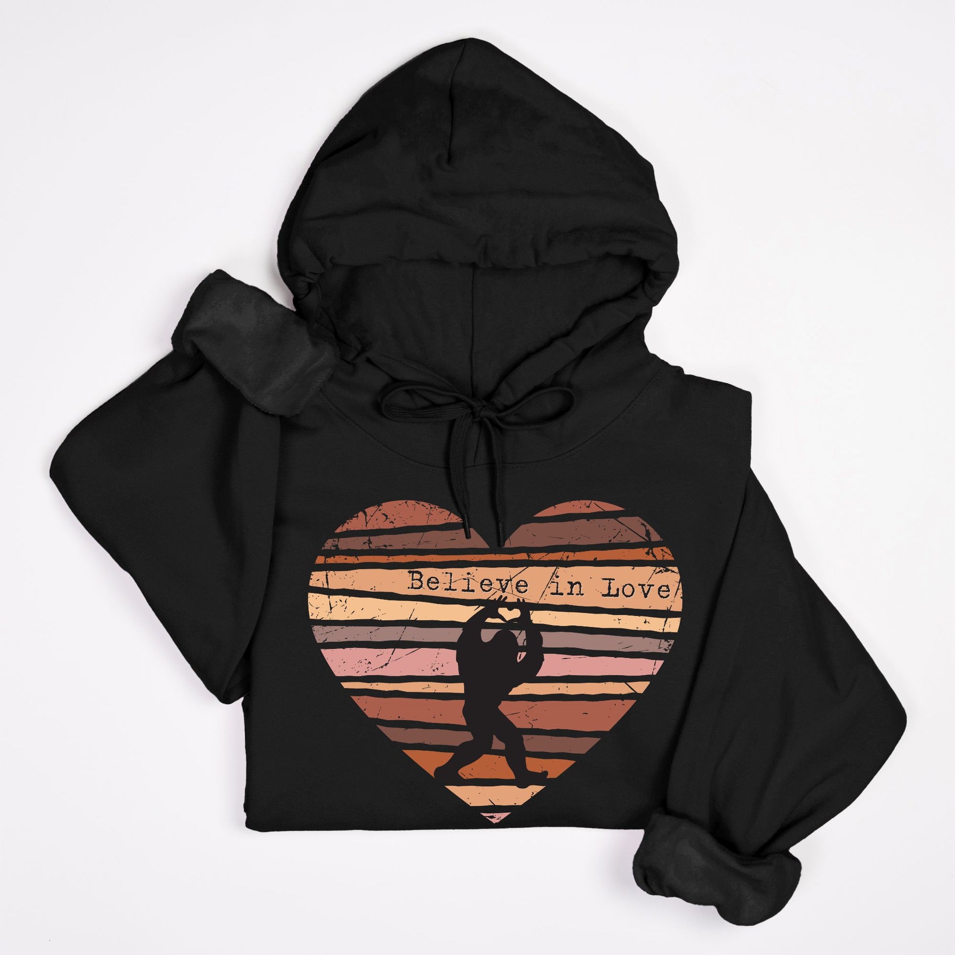 Believe in Love Bigfoot Hoodie – Retro Distressed Heart Cryptid Design