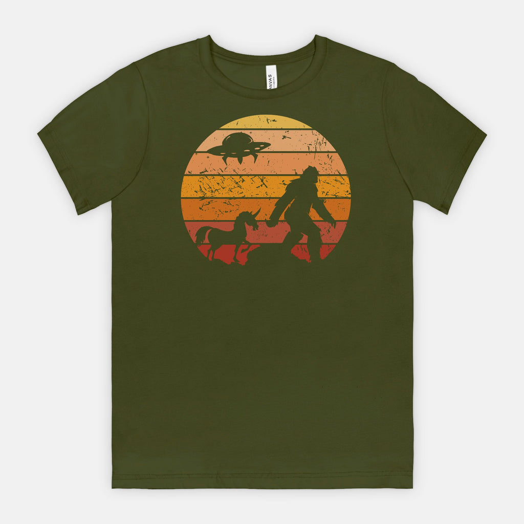 Bigfoot Sunset Adventure Tee – UFO & Unicorn Retro Cryptid Shirt