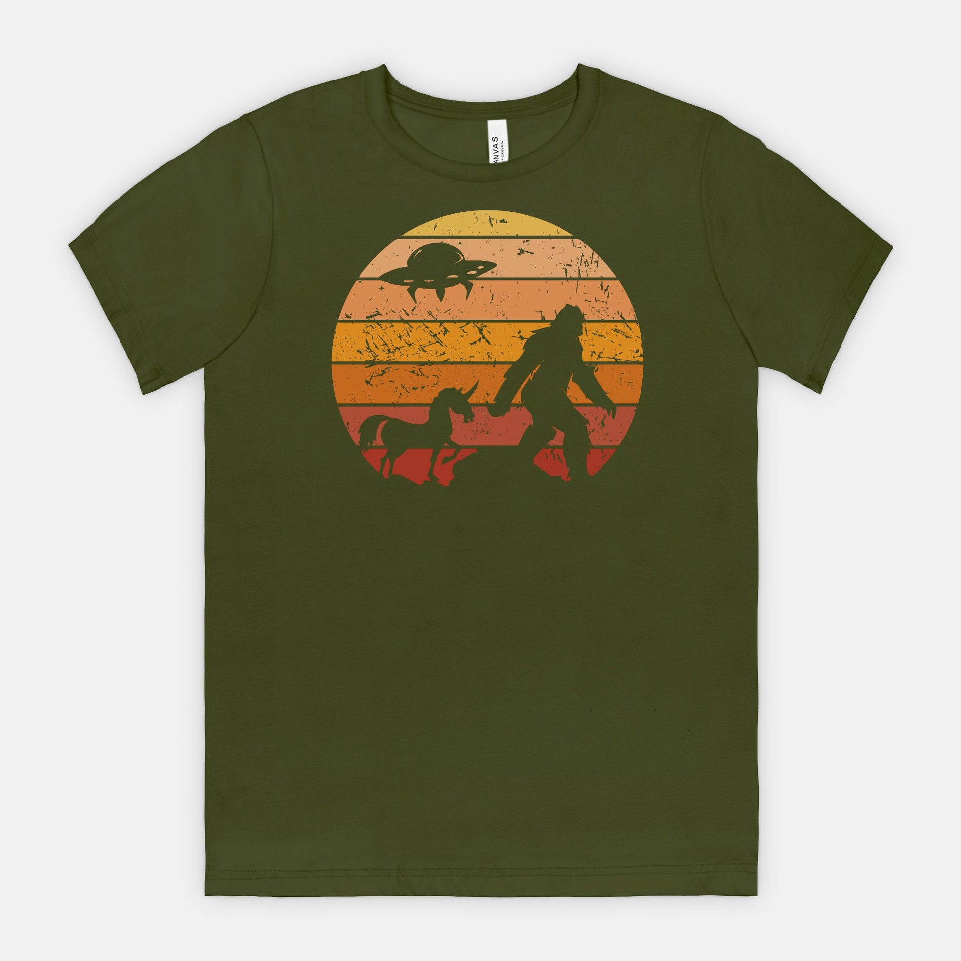 Bigfoot Sunset Adventure Tee – UFO & Unicorn Retro Cryptid Shirt
