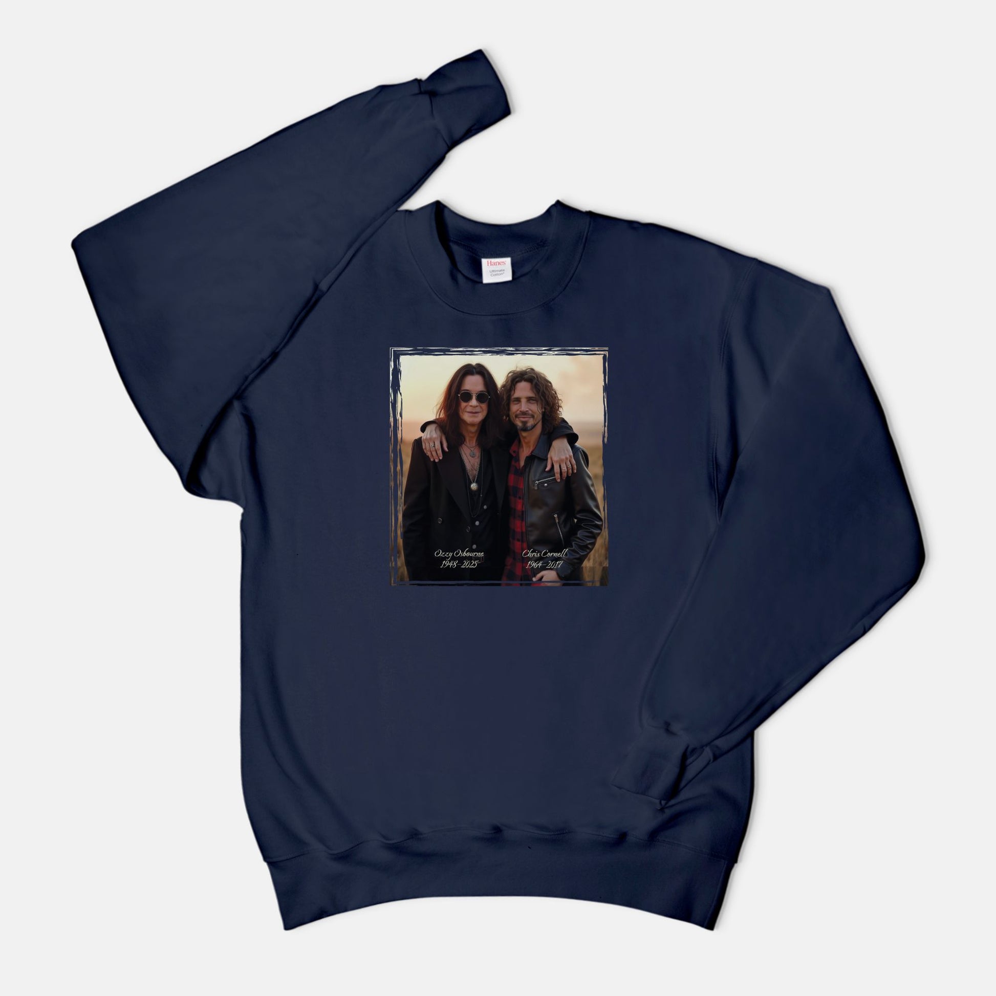 Navy blue sweatshirt with a graphic design of Ozzy Osborne and Chris Cornell on a white background