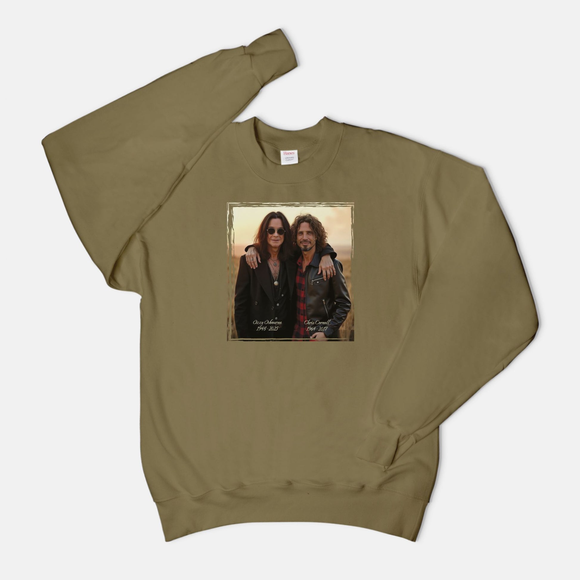 Oregano sweatshirt with a graphic design of Ozzy Osborne and Chris Cornell on a white background