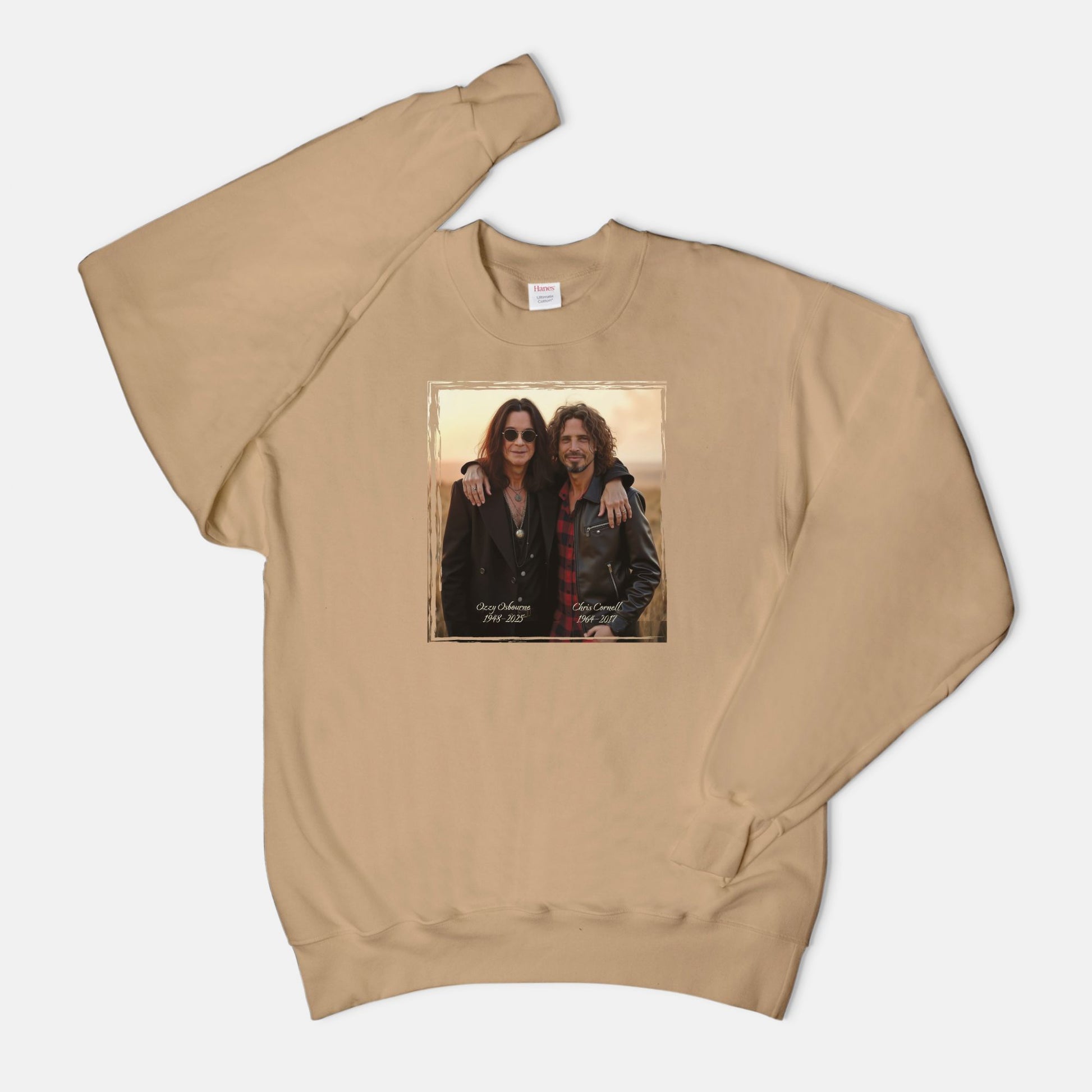 Beige sweatshirt with a graphic design of Ozzy Osborne and Chris Cornell on a white background