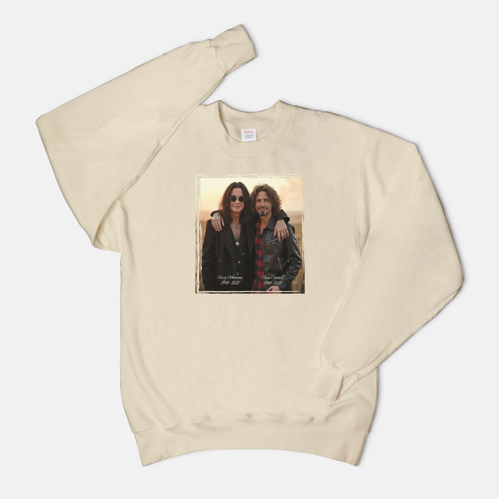 Sand sweatshirt with a graphic design of Ozzy Osborne and Chris Cornell on a white background