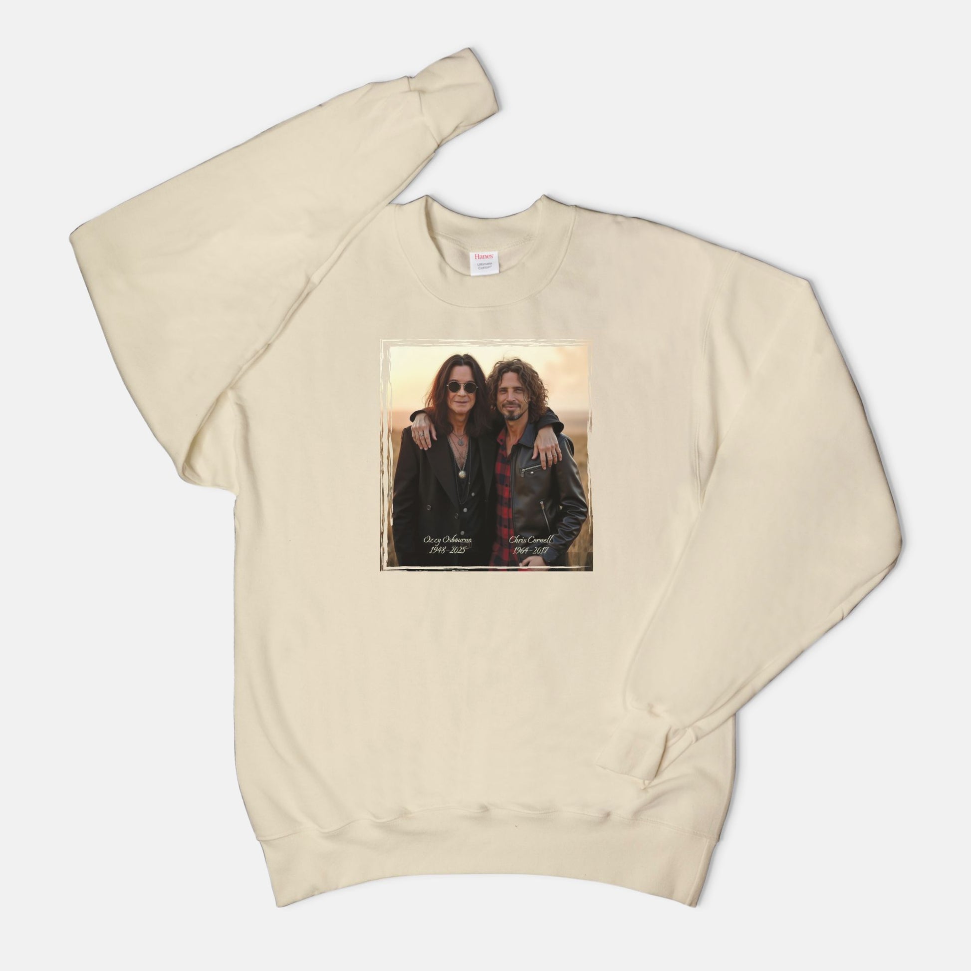 Sand sweatshirt with a graphic design of Ozzy Osborne and Chris Cornell on a white background