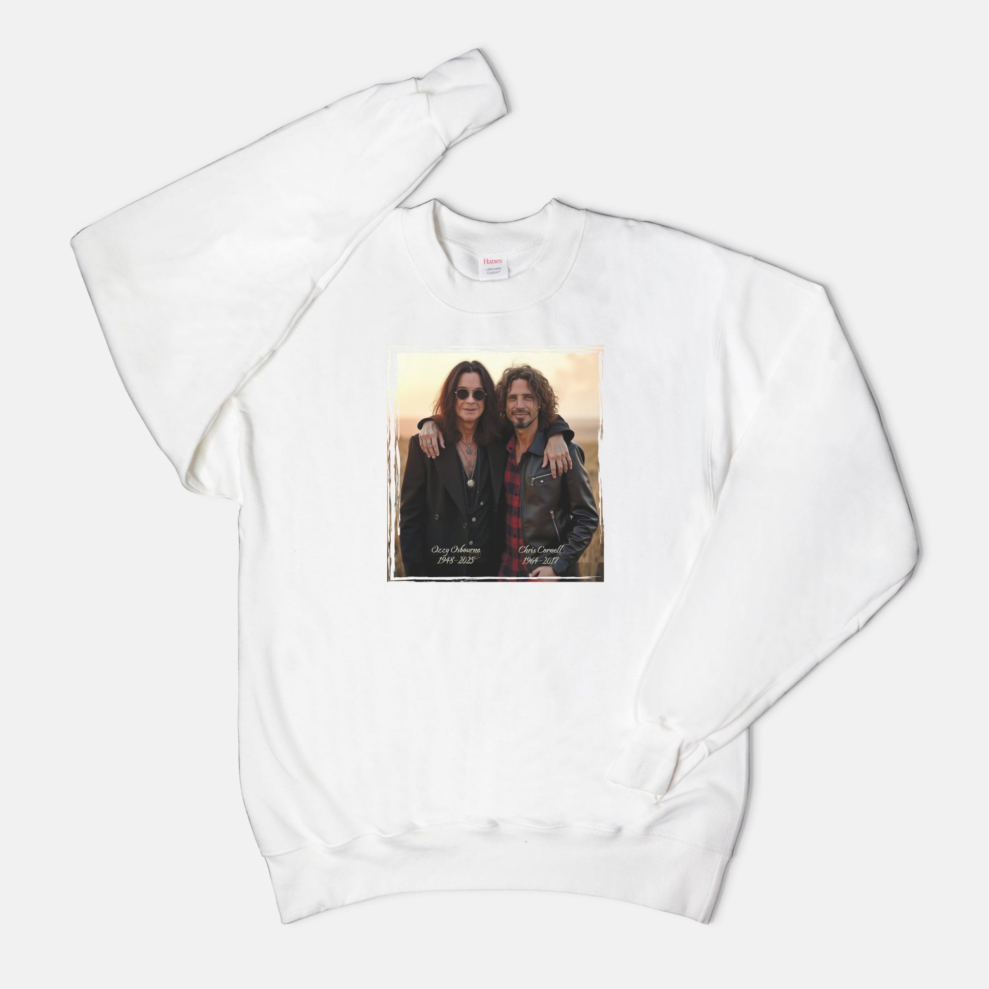 White sweatshirt with a graphic design of Ozzy Osborne and Chris Cornell on a white background