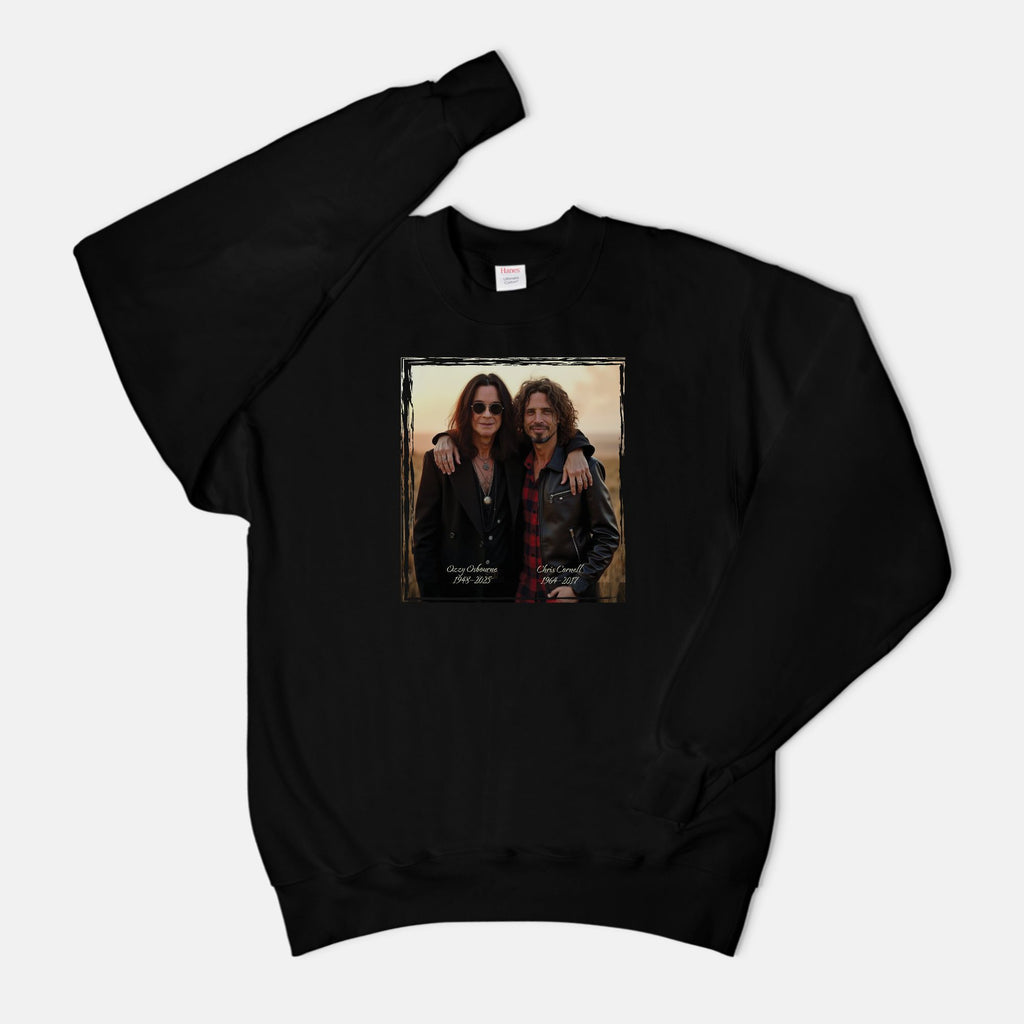 Black sweatshirt with a graphic of ozzy osbourne and chris cornell
