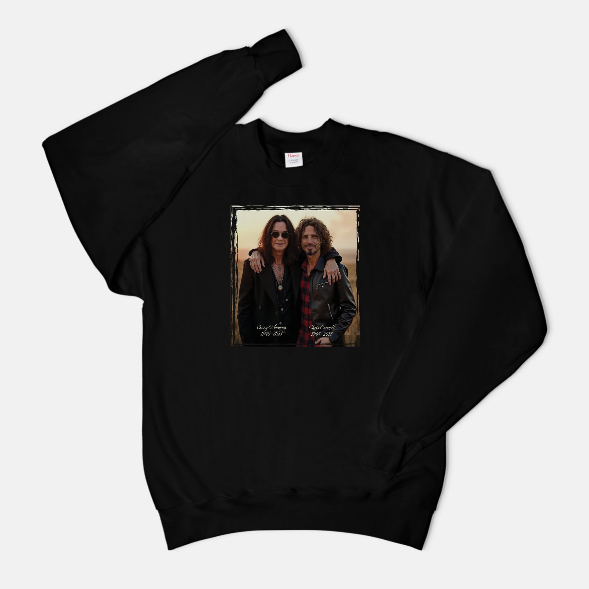 Black sweatshirt with a graphic of ozzy osbourne and chris cornell