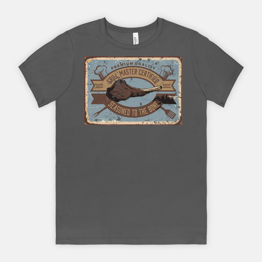 Asphalt t-shirt with a graphic Grill Master Certified - Seasoned to the Bone on a white background