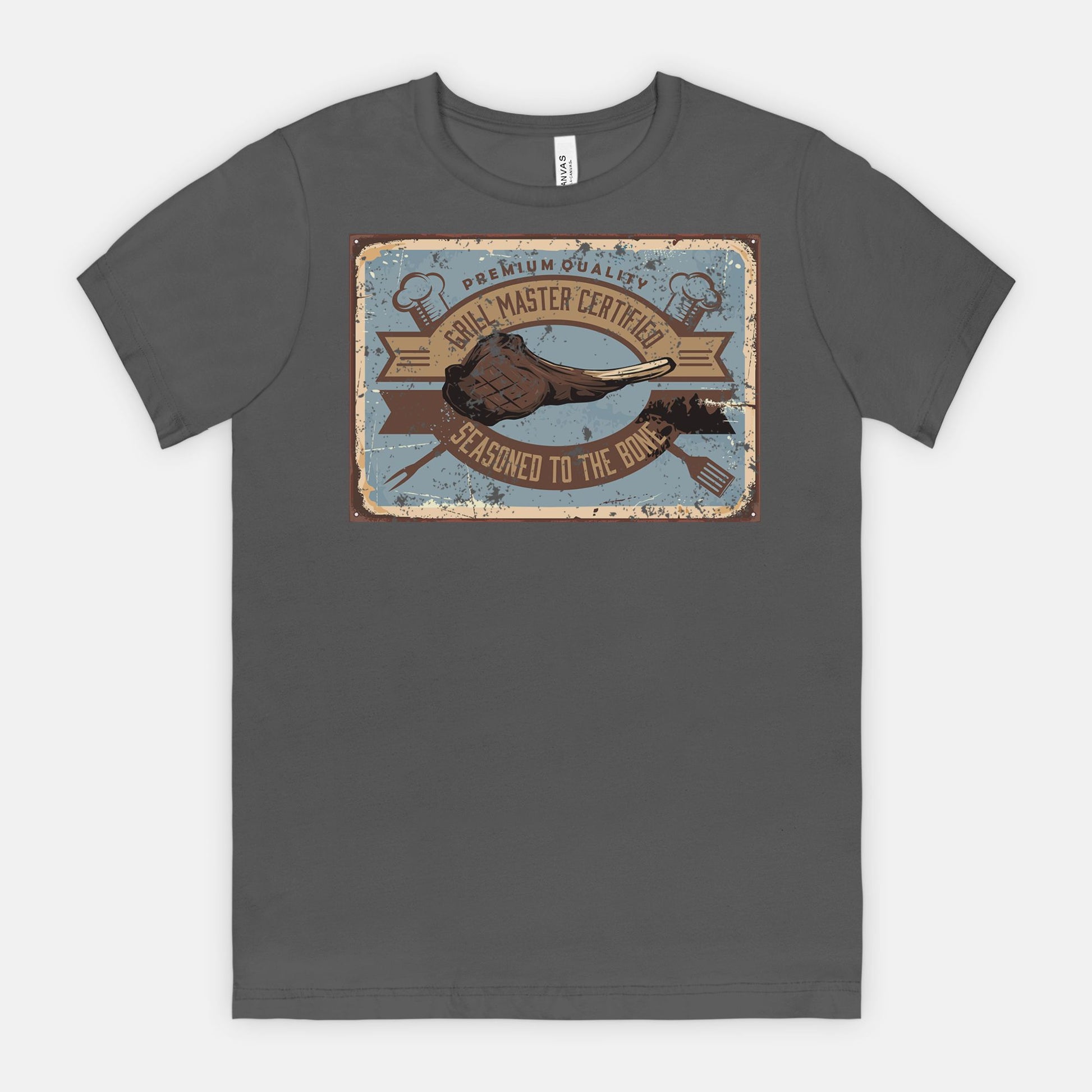 Asphalt t-shirt with a graphic Grill Master Certified - Seasoned to the Bone on a white background