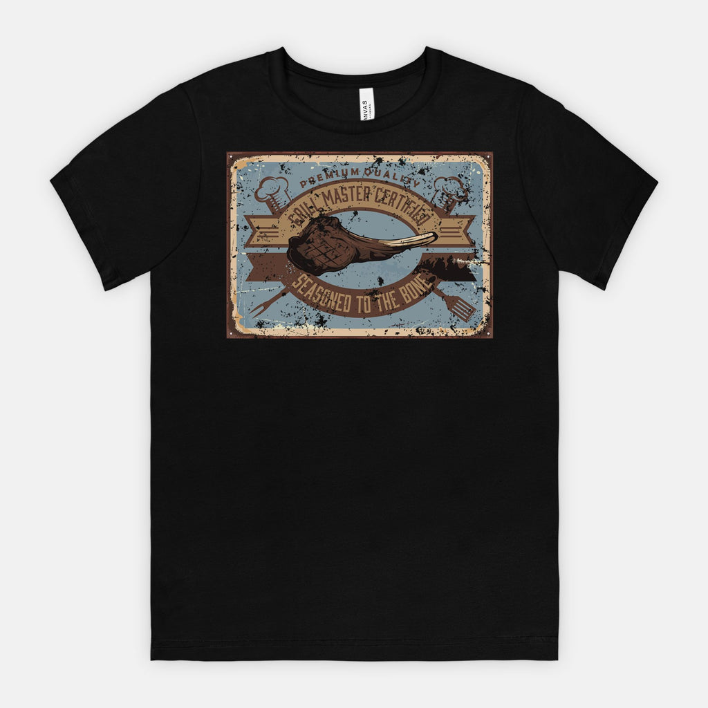 Black t-shirt with a graphic Grill Master Certified - Seasoned to the Bone on a white background