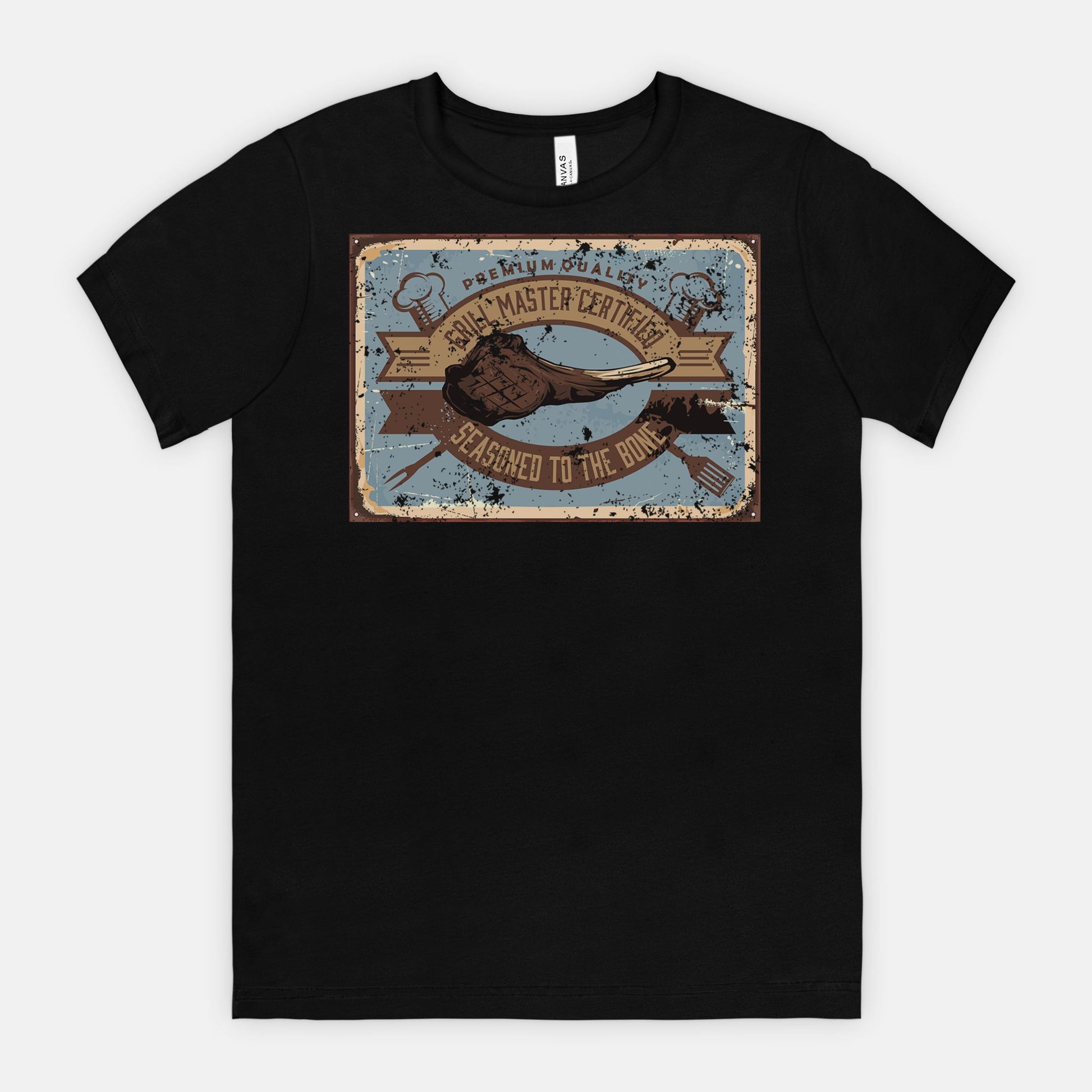 Black t-shirt with a graphic Grill Master Certified - Seasoned to the Bone on a white background
