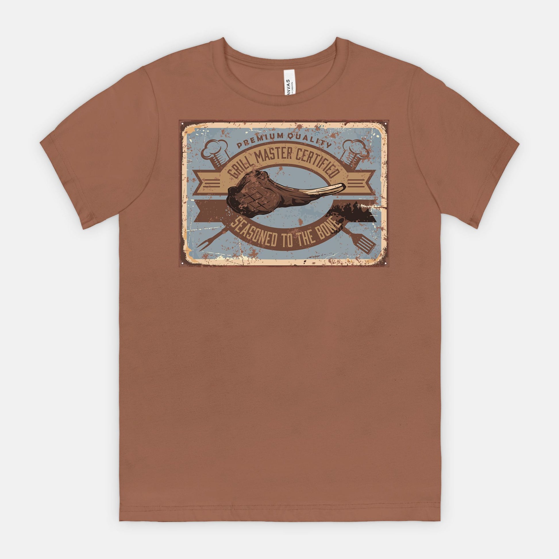 Chestnut t-shirt with a graphic Grill Master Certified - Seasoned to the Bone on a white background