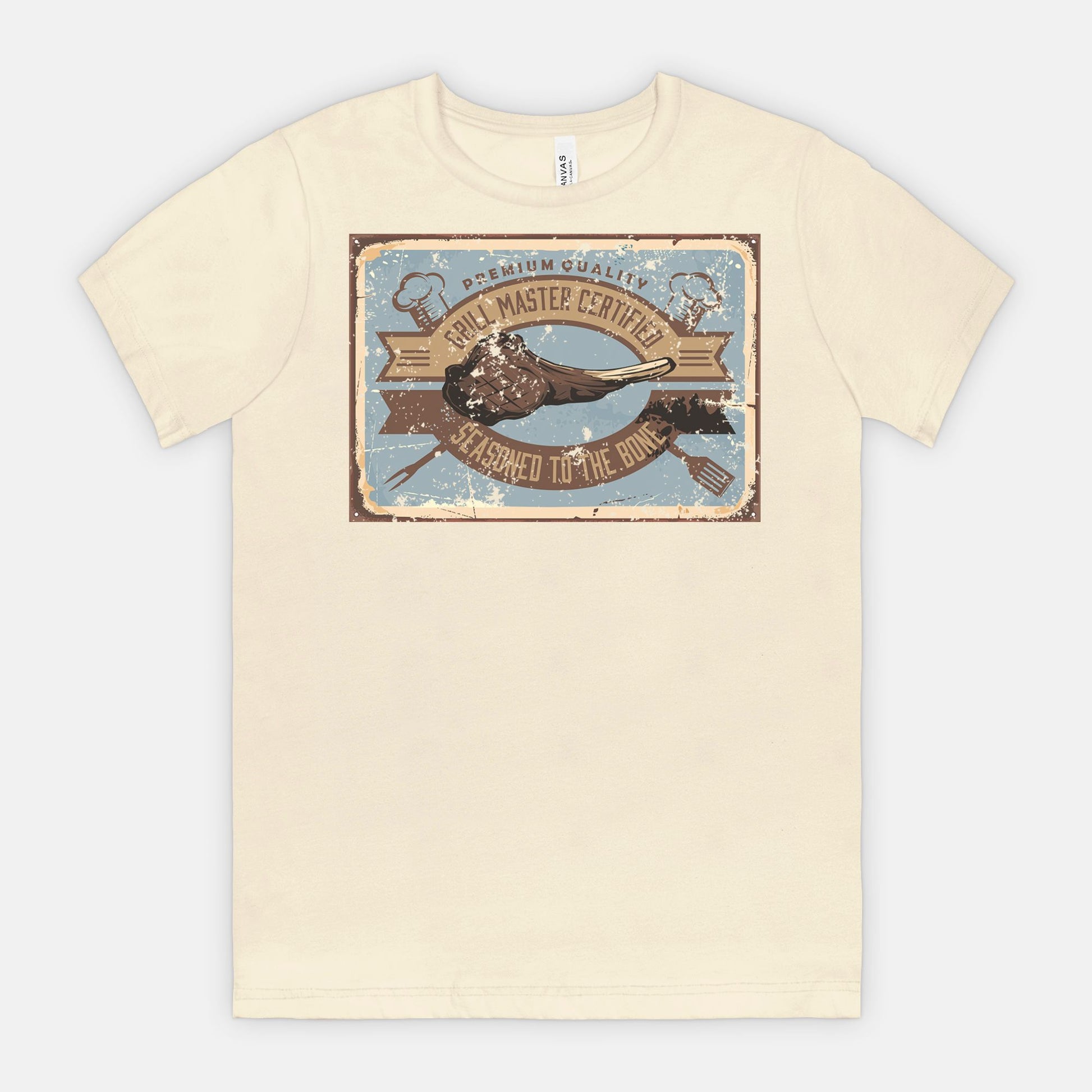Natural t-shirt with a graphic Grill Master Certified - Seasoned to the Bone on a white background