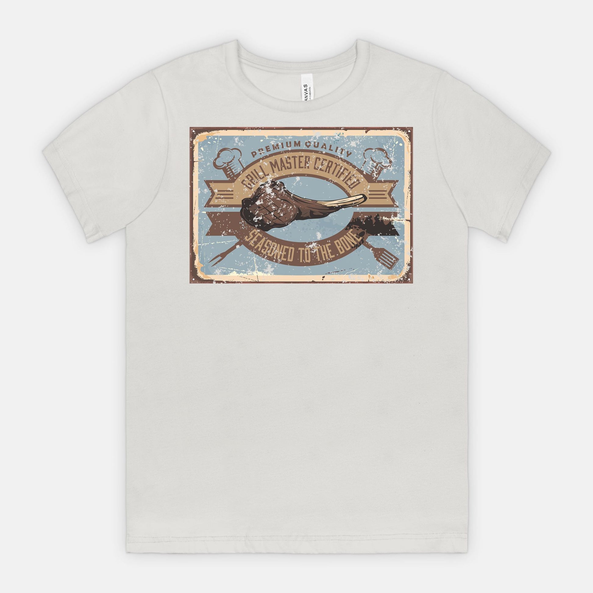 Silver t-shirt with a graphic Grill Master Certified - Seasoned to the Bone on a white background