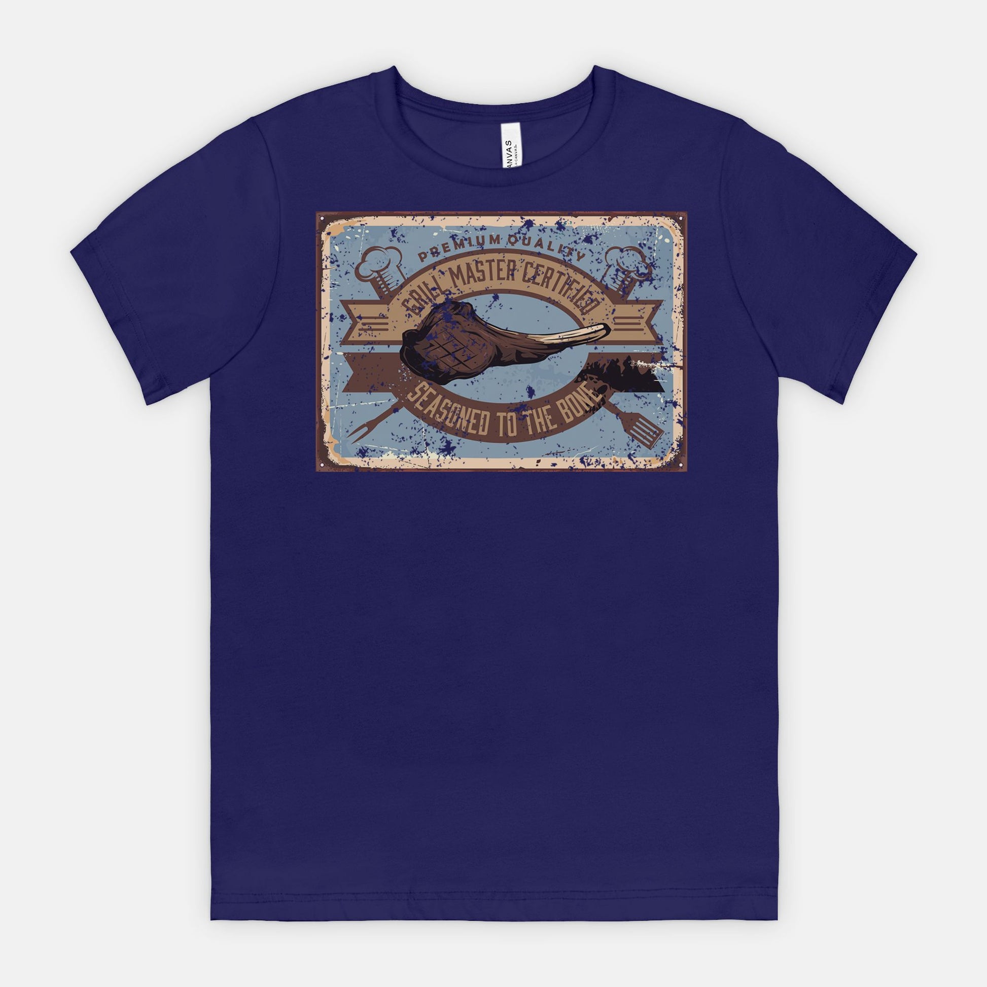 Team Navy t-shirt with a graphic Grill Master Certified - Seasoned to the Bone on a white background